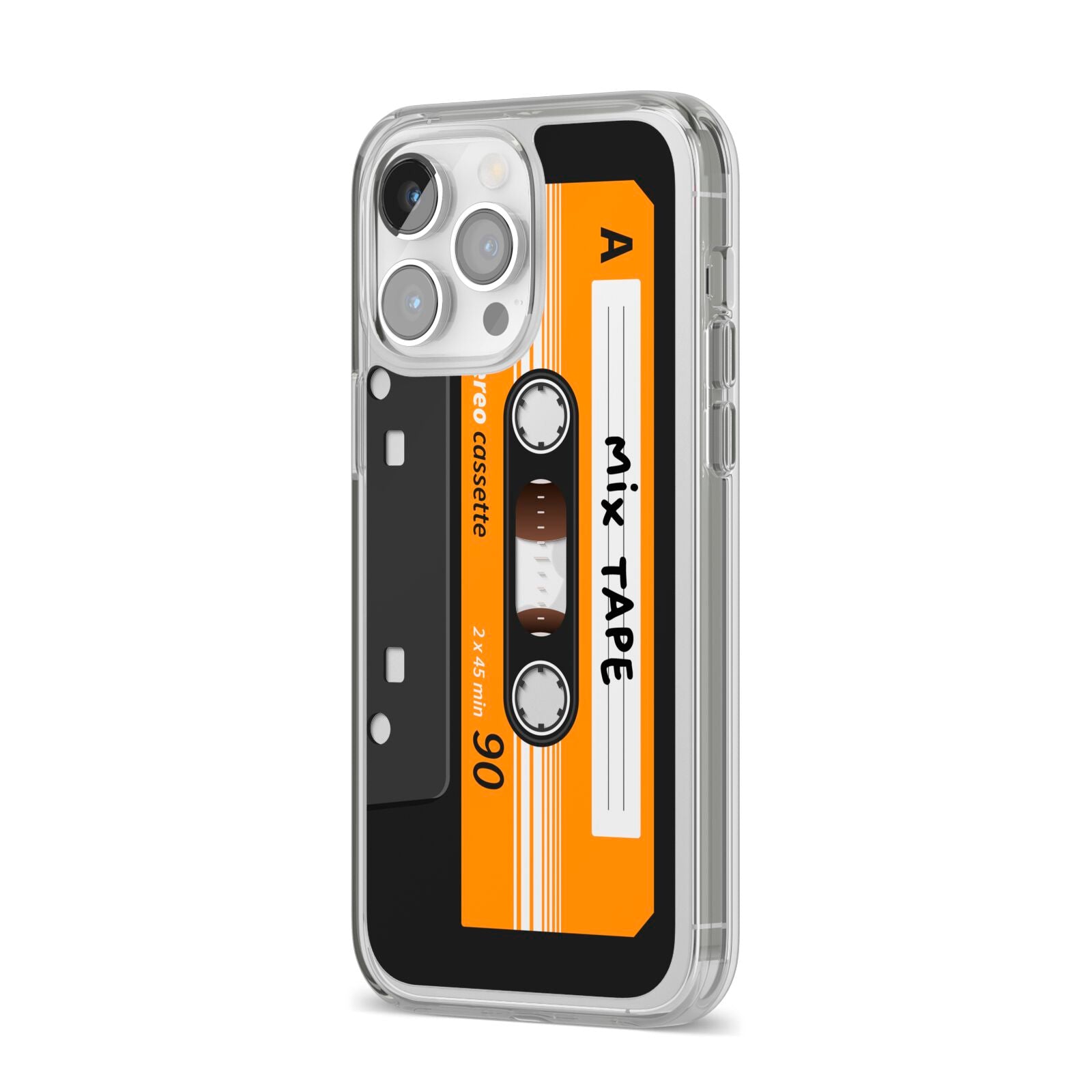 Black Casette Tape iPhone 14 Pro Max Clear Tough Case Silver Angled Image