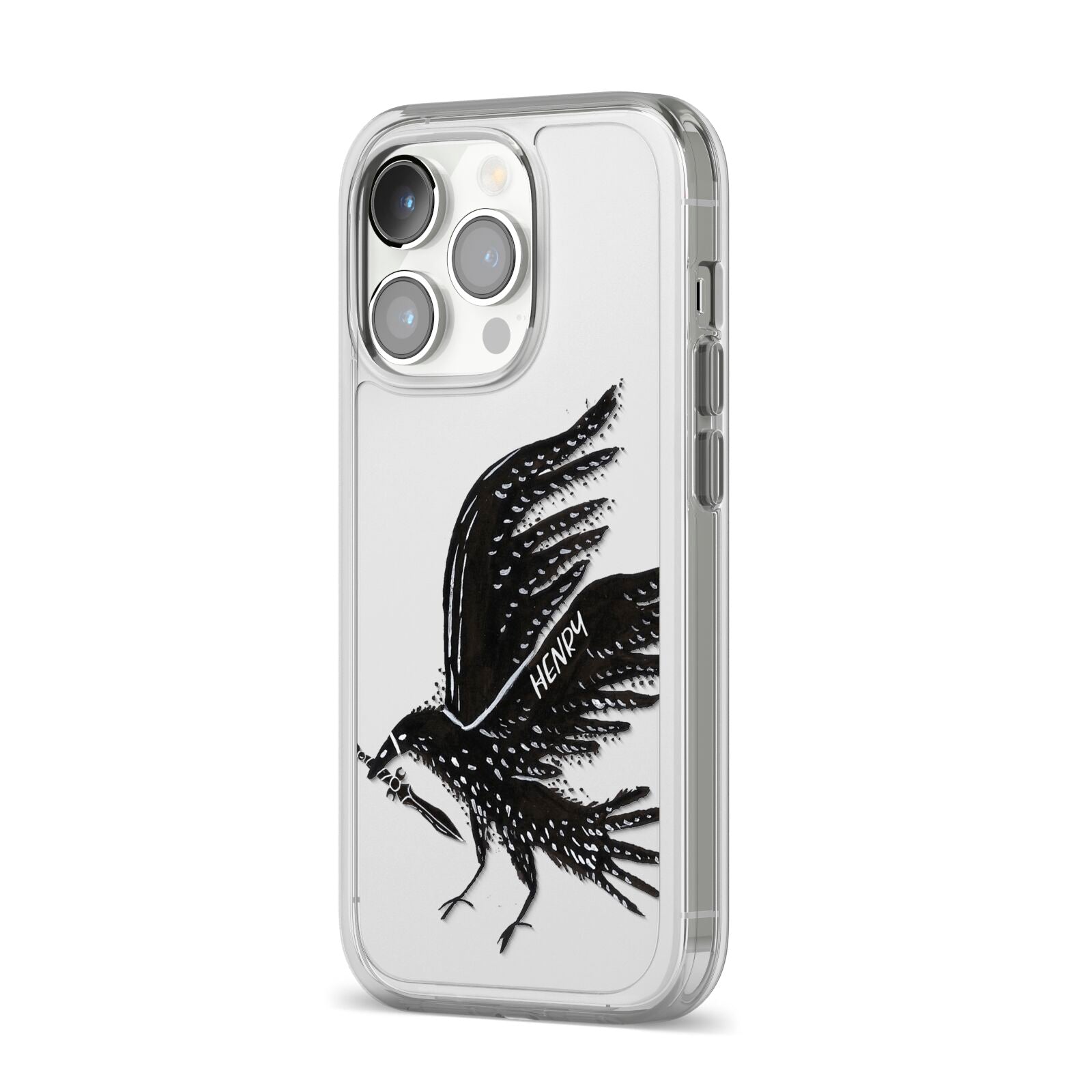 Black Crow Personalised iPhone 14 Pro Clear Tough Case Silver Angled Image