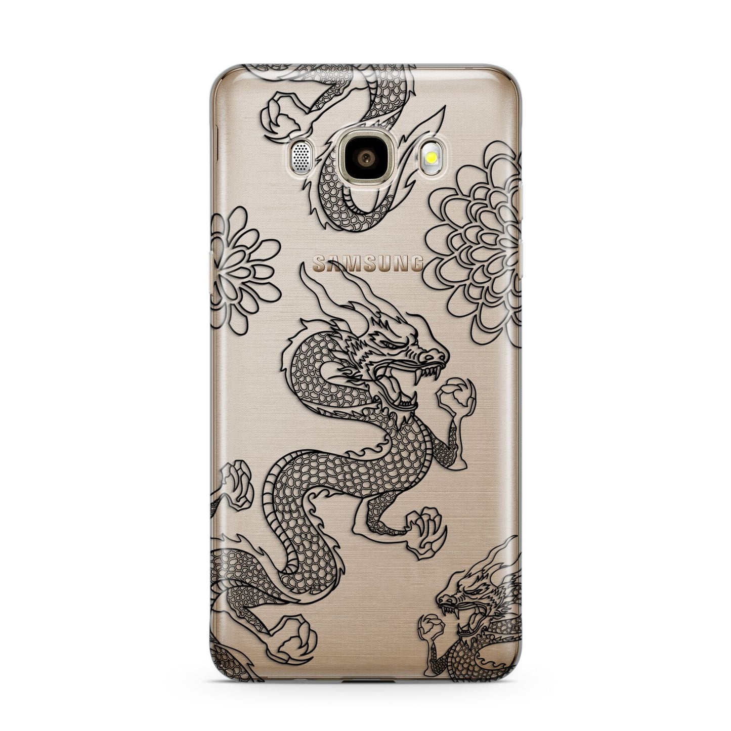 Black Dragon Samsung Galaxy J7 2016 Case on gold phone