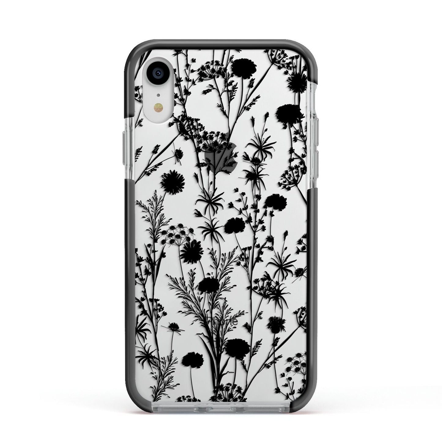 Black Floral Meadow Apple iPhone XR Impact Case Black Edge on Silver Phone