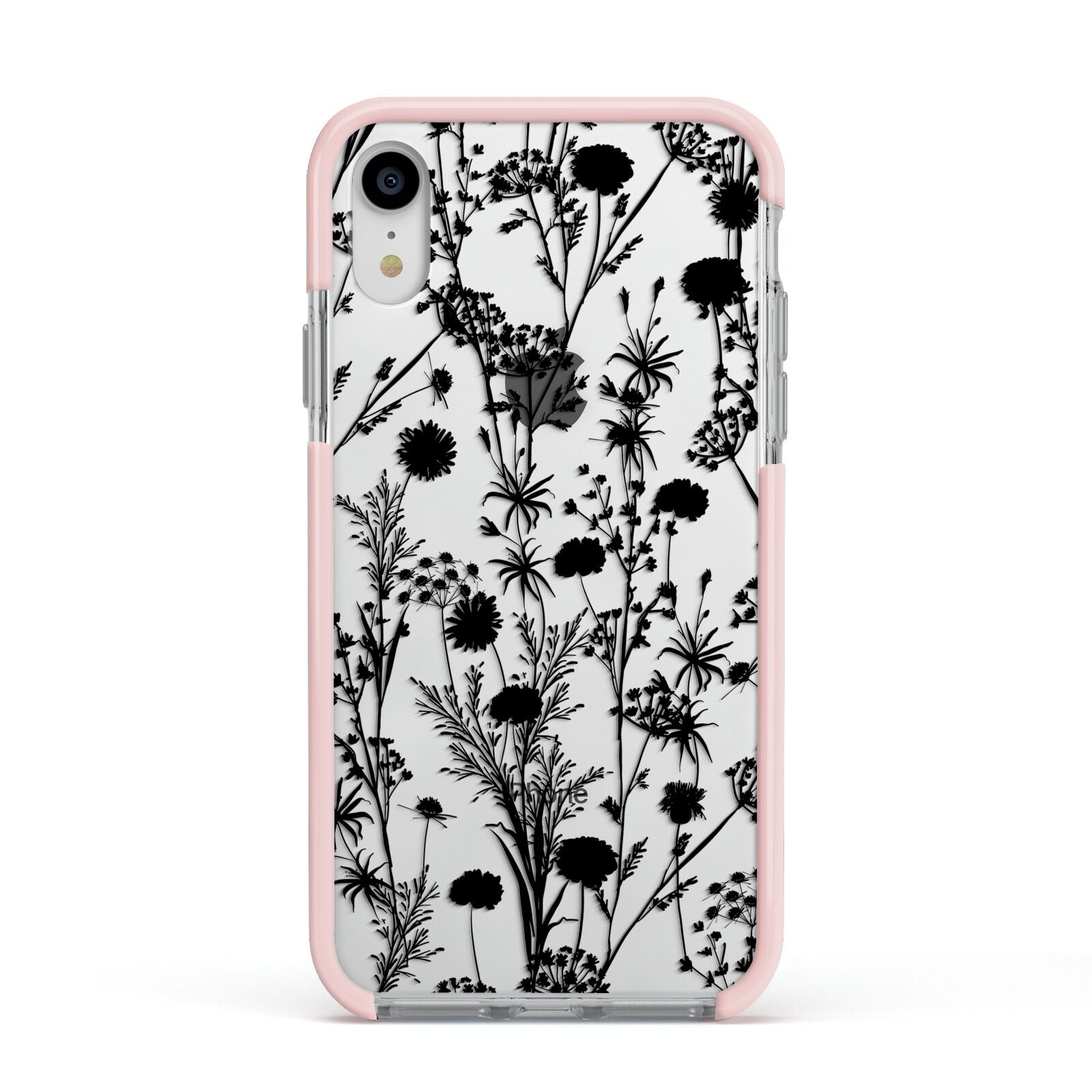 Black Floral Meadow Apple iPhone XR Impact Case Pink Edge on Silver Phone