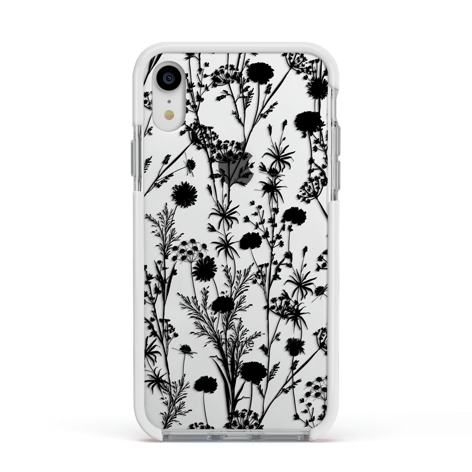 Black Floral Meadow Apple iPhone XR Impact Case White Edge on Silver Phone
