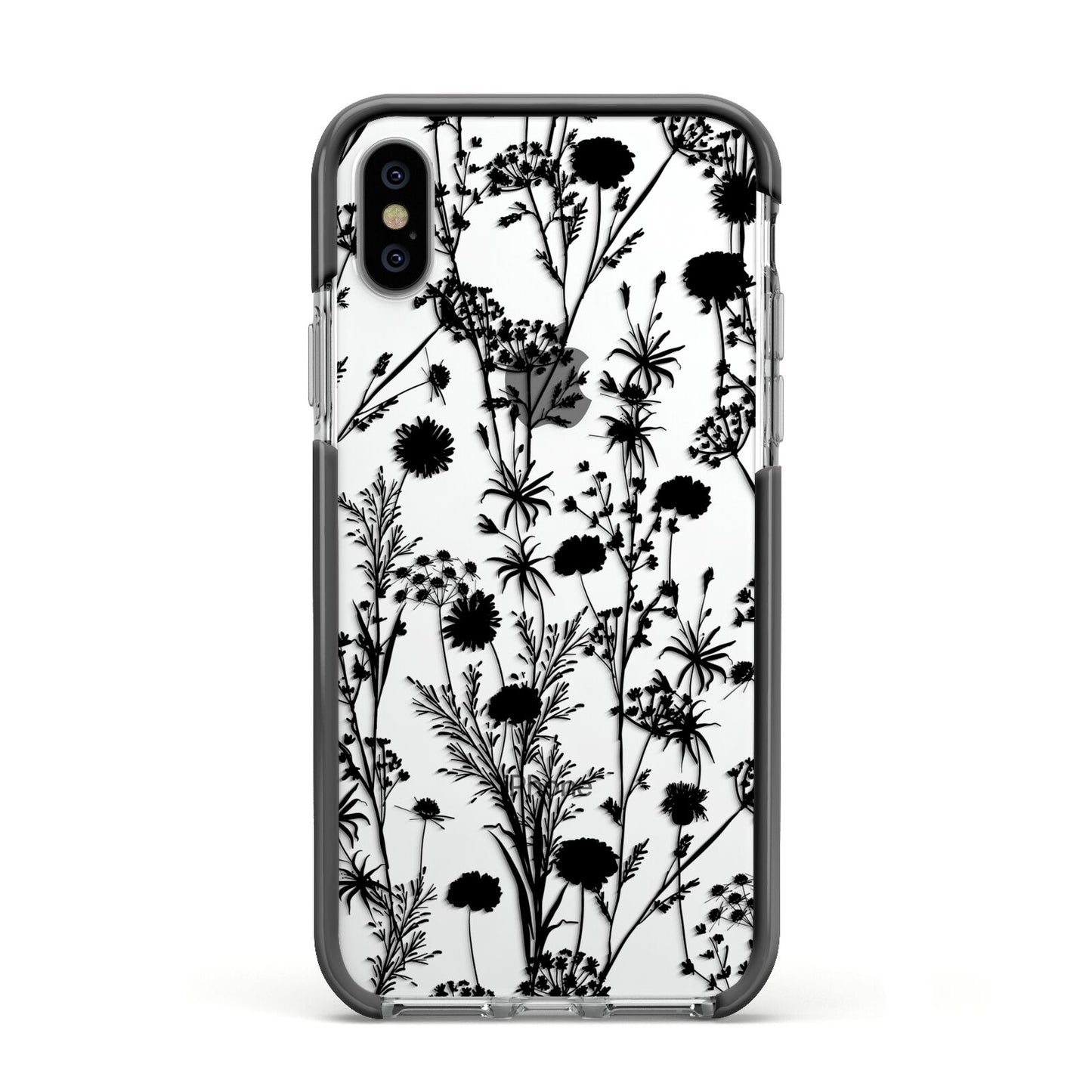 Black Floral Meadow Apple iPhone Xs Impact Case Black Edge on Silver Phone