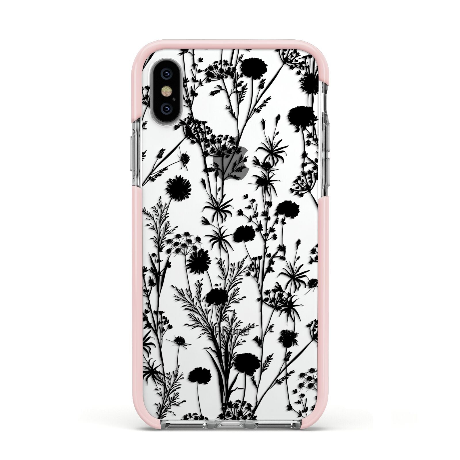 Black Floral Meadow Apple iPhone Xs Impact Case Pink Edge on Silver Phone