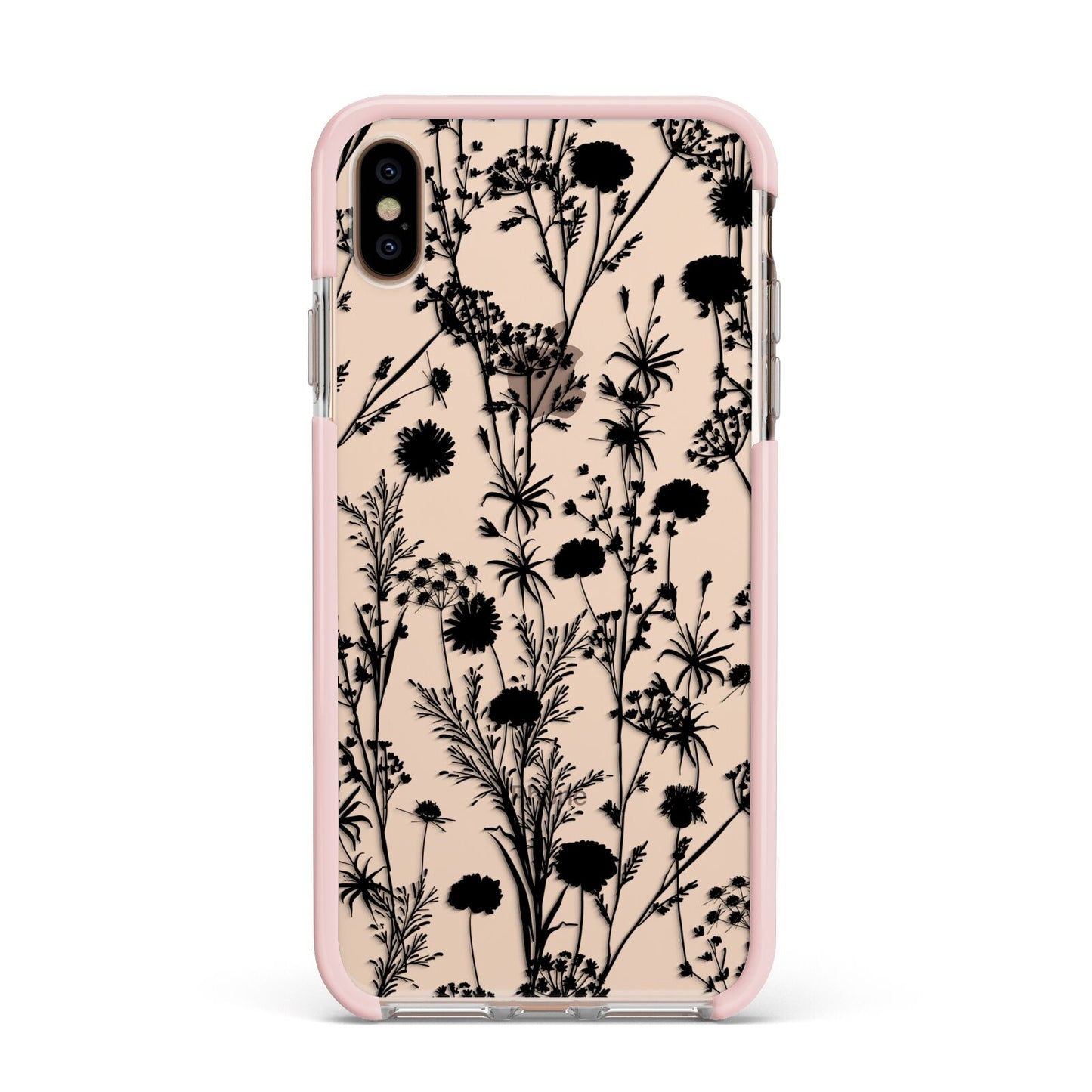 Black Floral Meadow Apple iPhone Xs Max Impact Case Pink Edge on Gold Phone