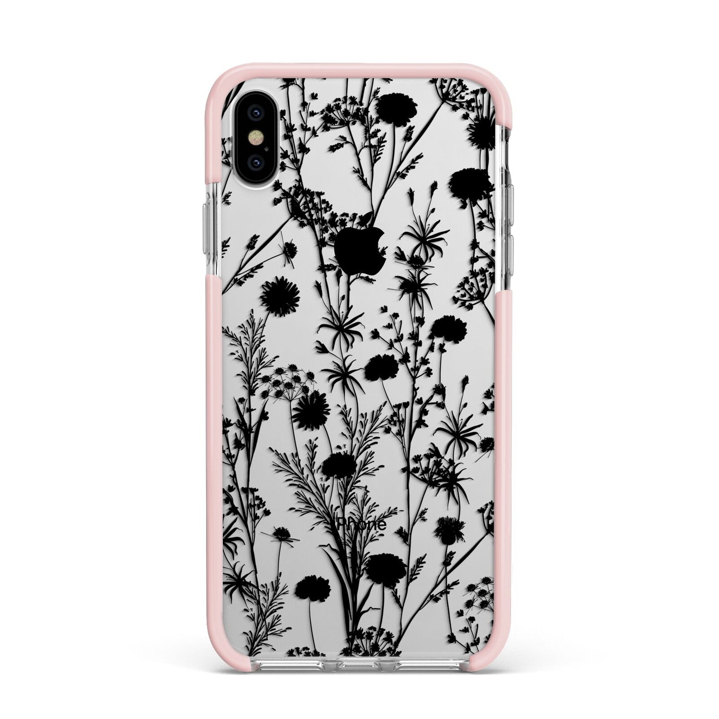 Black Floral Meadow Apple iPhone Xs Max Impact Case Pink Edge on Silver Phone