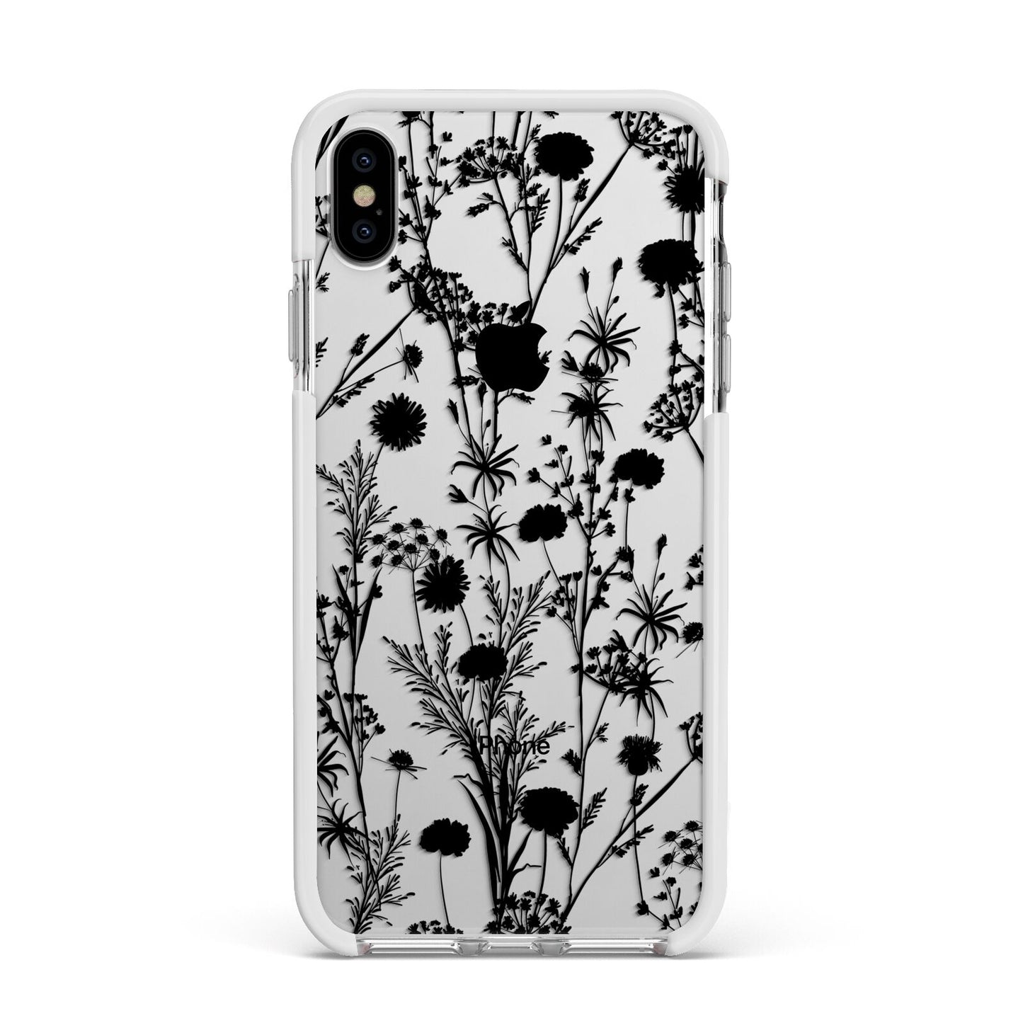 Black Floral Meadow Apple iPhone Xs Max Impact Case White Edge on Silver Phone