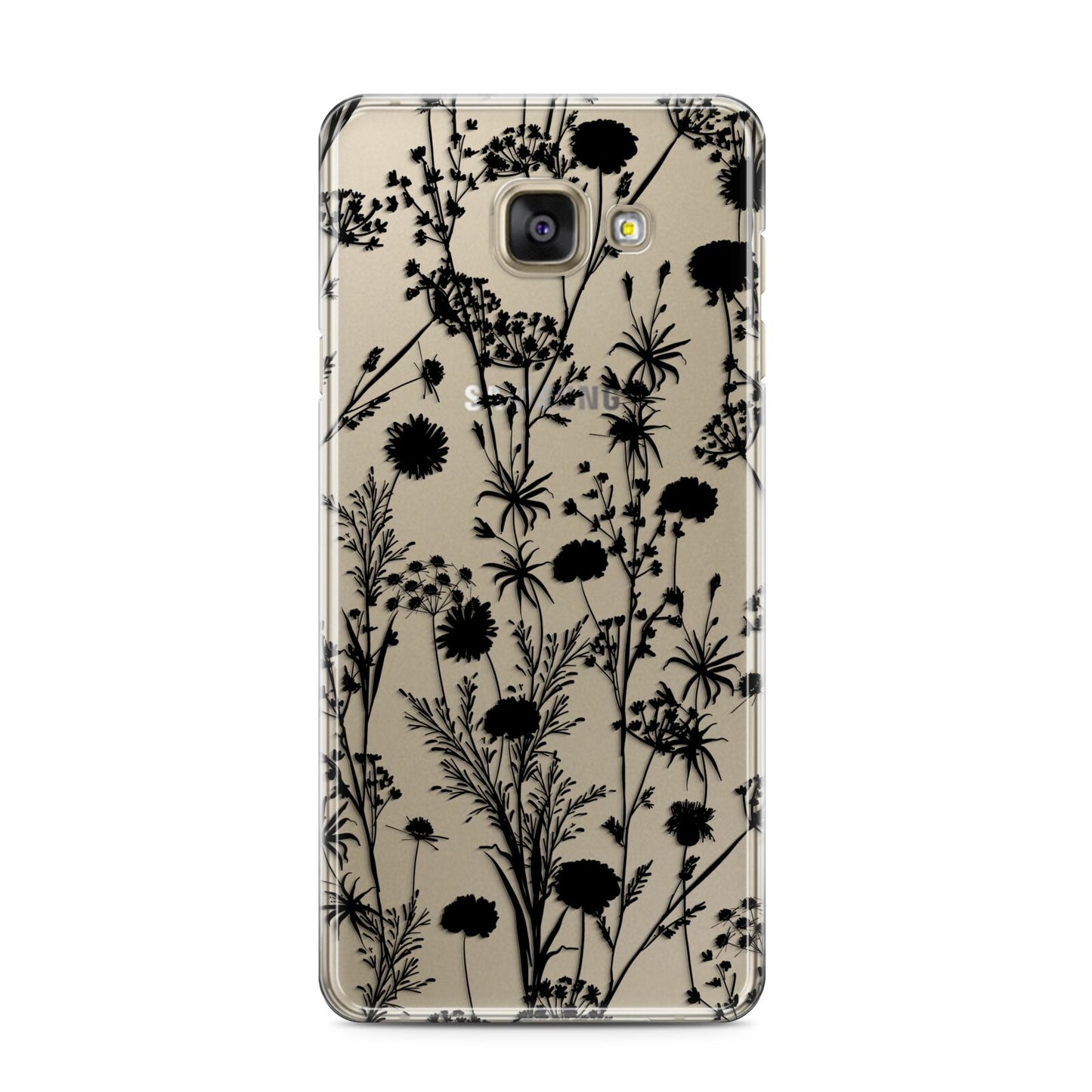 Black Floral Meadow Samsung Galaxy A3 2016 Case on gold phone