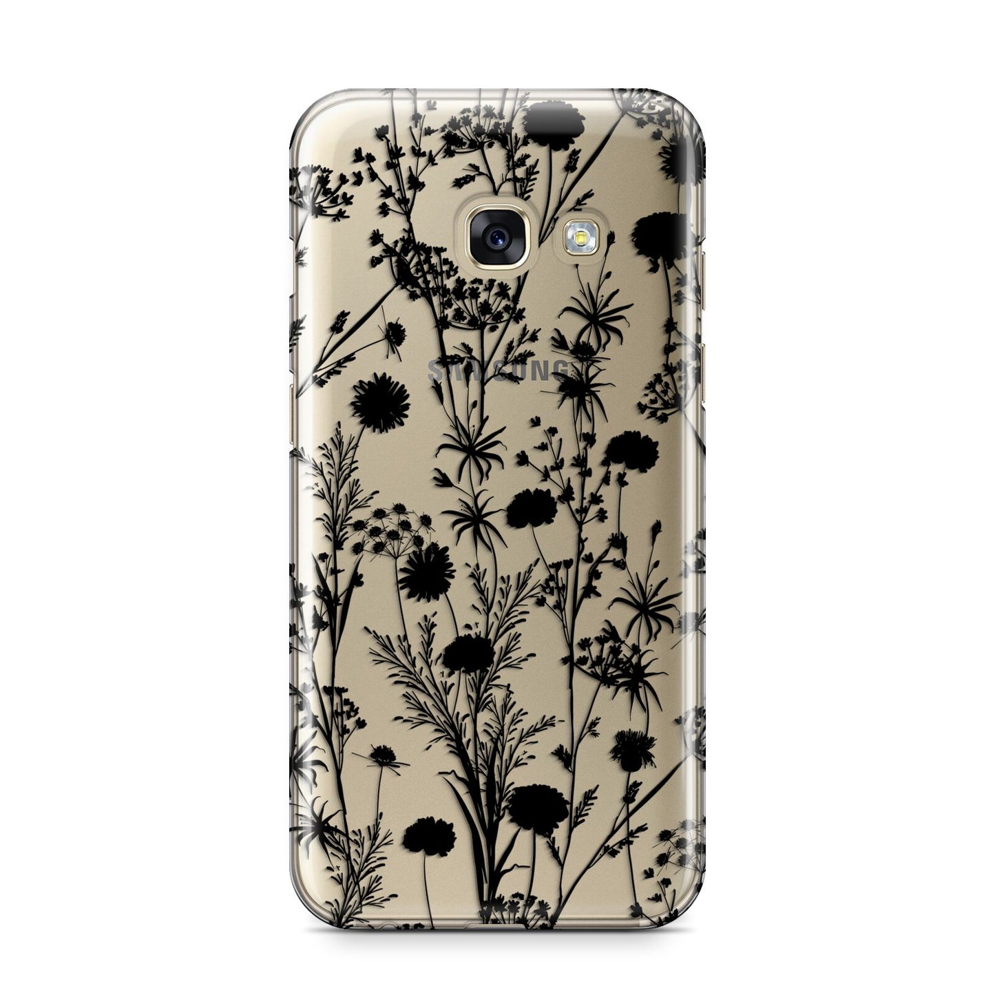 Black Floral Meadow Samsung Galaxy A3 2017 Case on gold phone