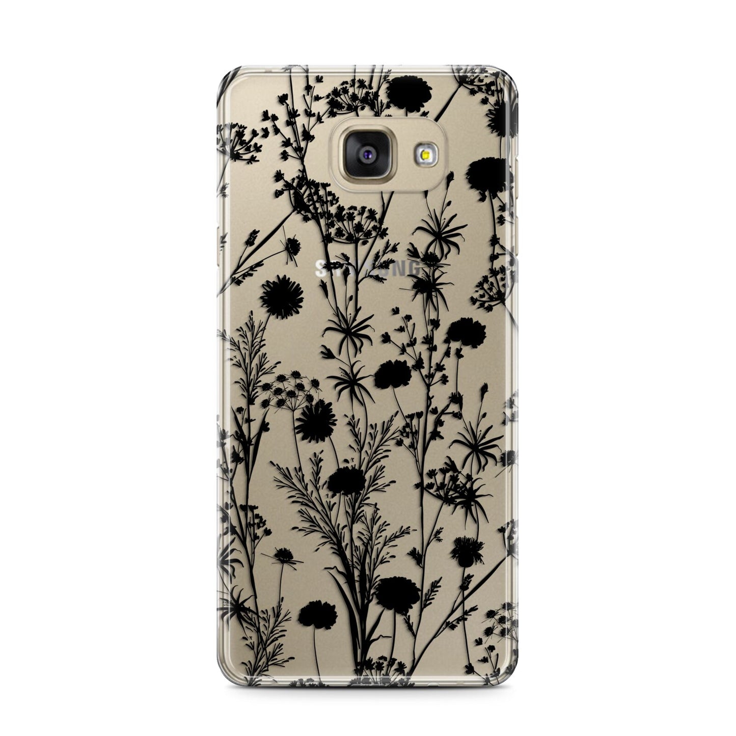 Black Floral Meadow Samsung Galaxy A7 2016 Case on gold phone