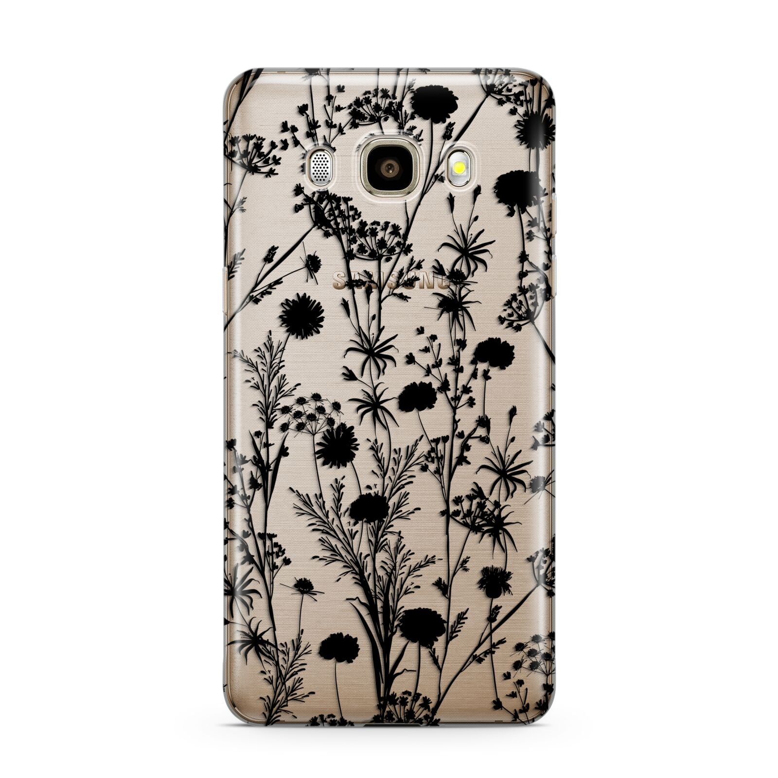 Black Floral Meadow Samsung Galaxy J7 2016 Case on gold phone