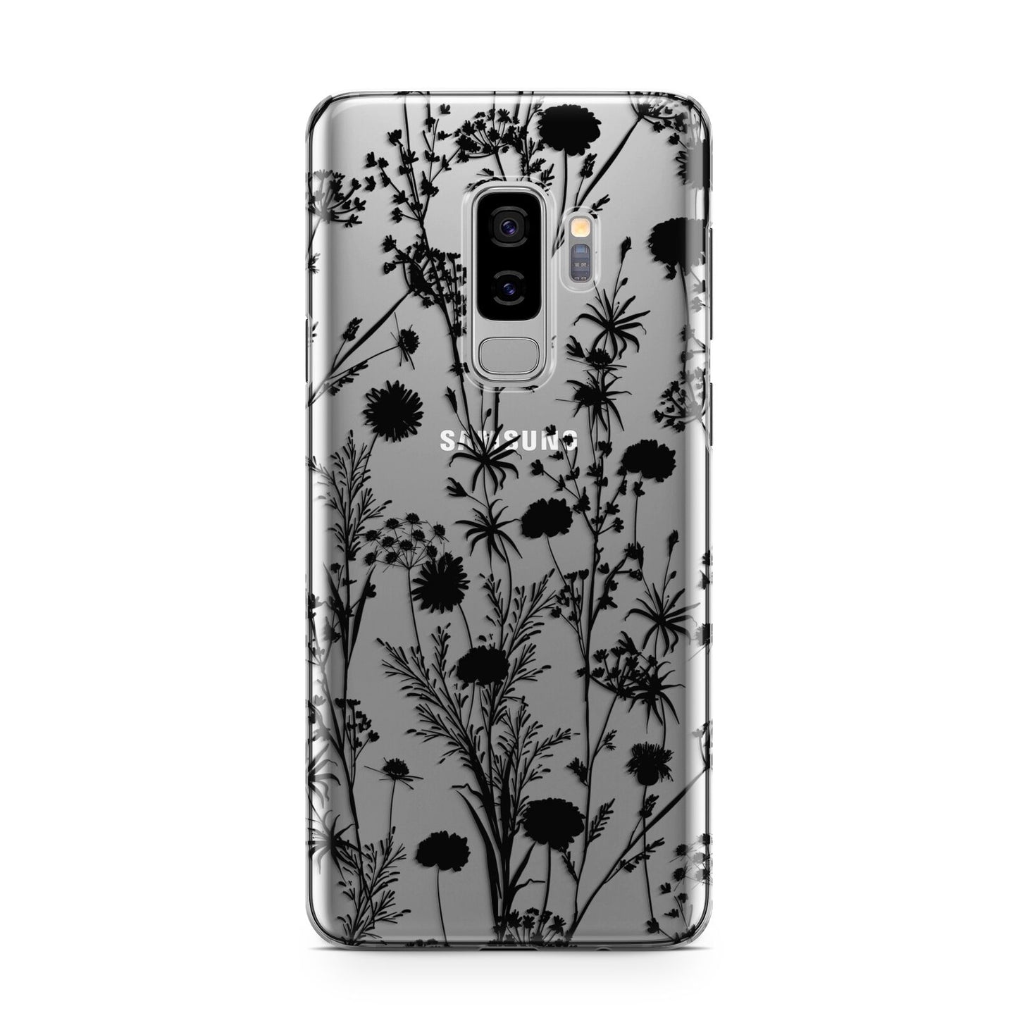 Black Floral Meadow Samsung Galaxy S9 Plus Case on Silver phone