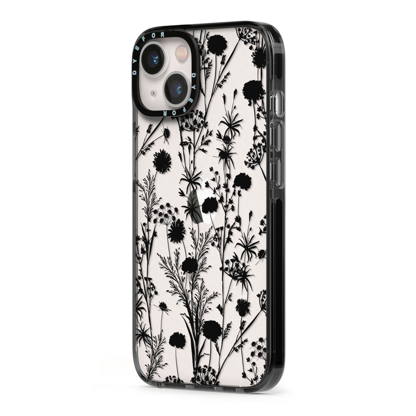 Black Floral Meadow iPhone 13 Black Impact Case Side Angle on Silver phone