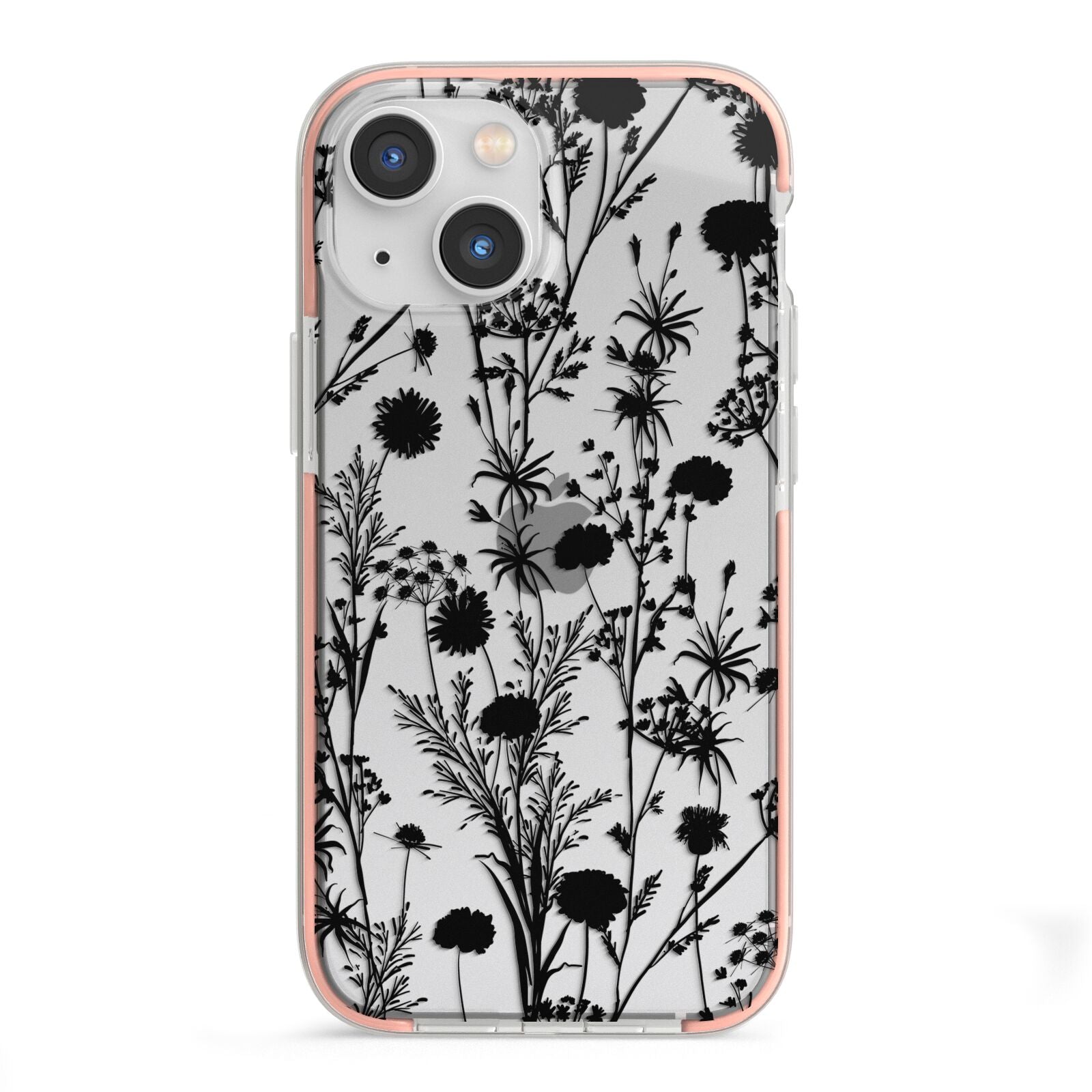 Black Floral Meadow iPhone 13 Mini TPU Impact Case with Pink Edges