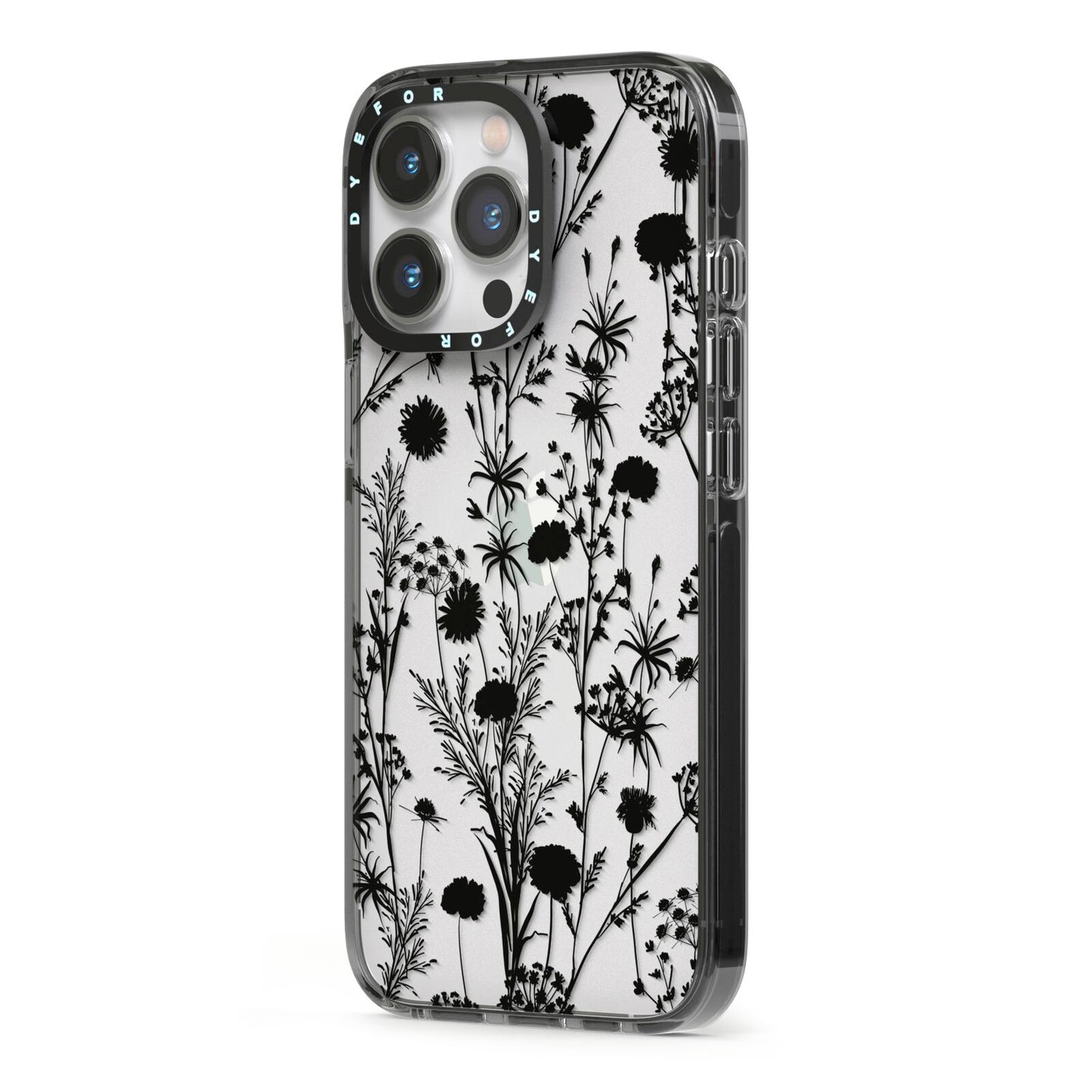 Black Floral Meadow iPhone 13 Pro Black Impact Case Side Angle on Silver phone