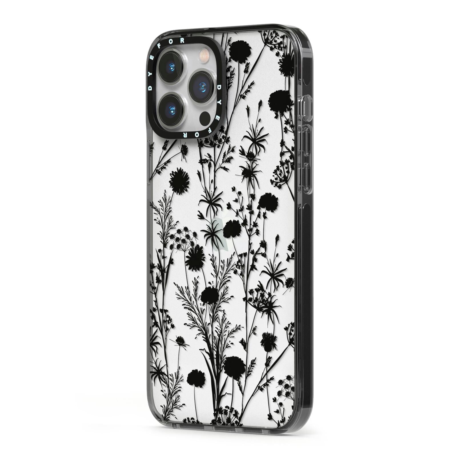 Black Floral Meadow iPhone 13 Pro Max Black Impact Case Side Angle on Silver phone