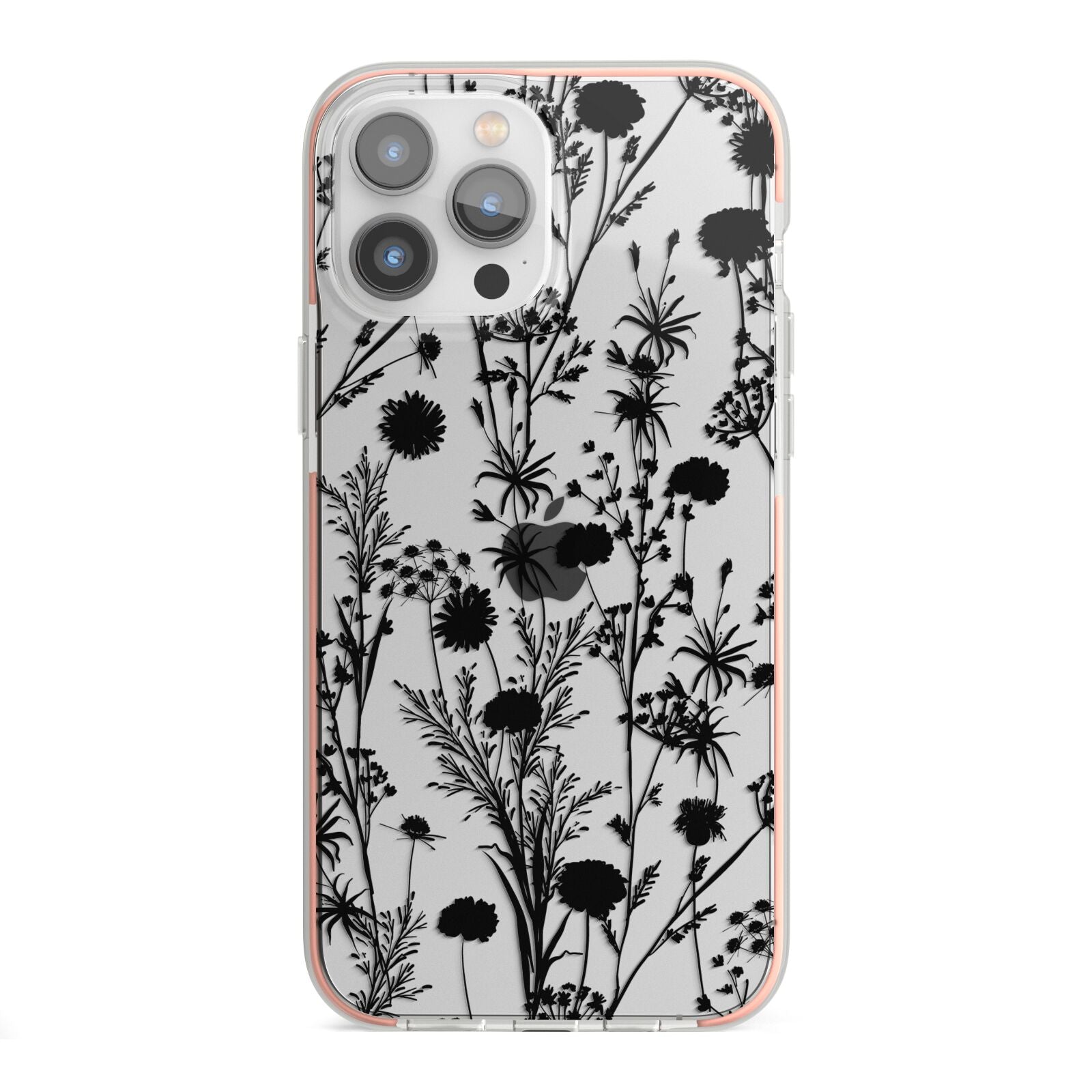 Black Floral Meadow iPhone 13 Pro Max TPU Impact Case with Pink Edges
