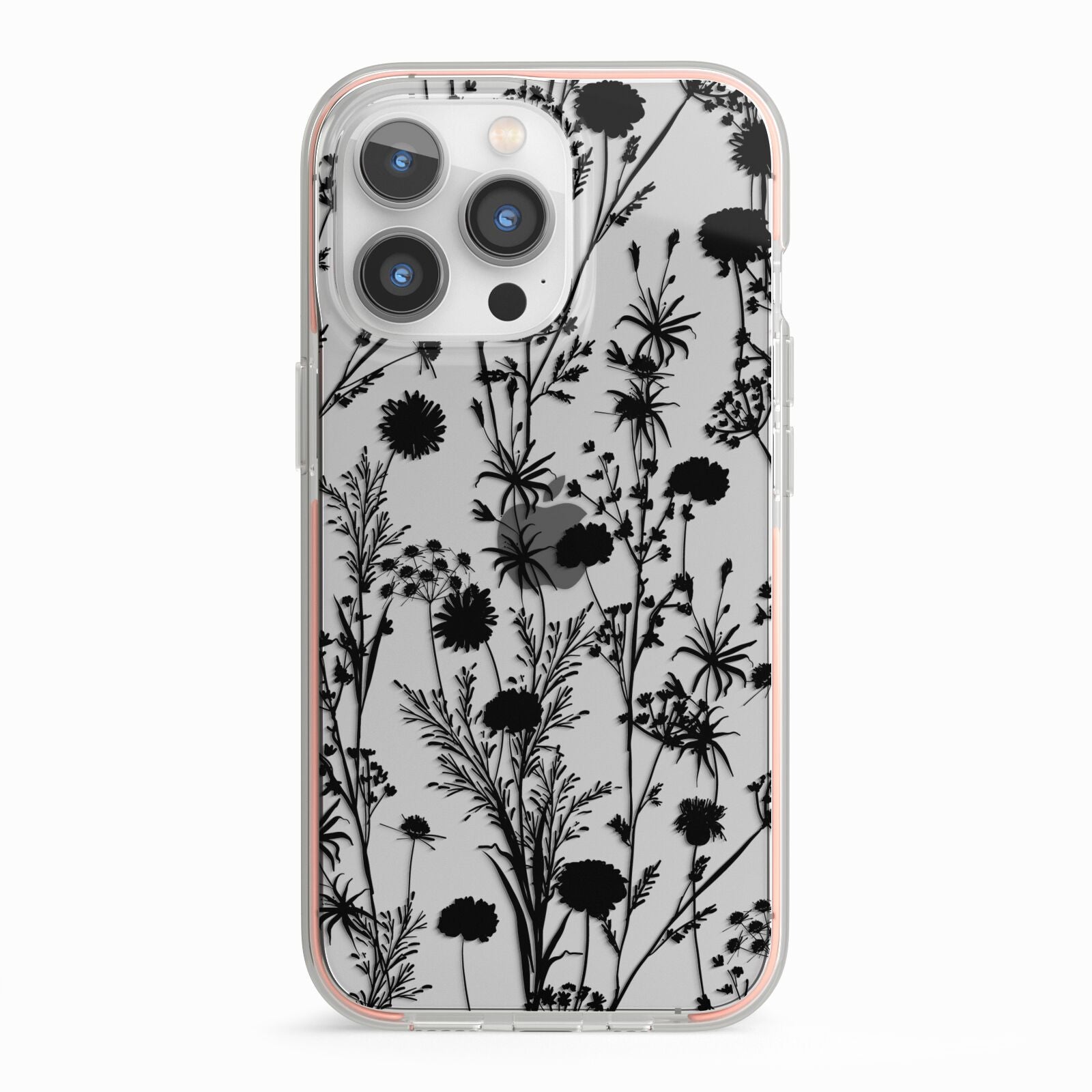 Black Floral Meadow iPhone 13 Pro TPU Impact Case with Pink Edges