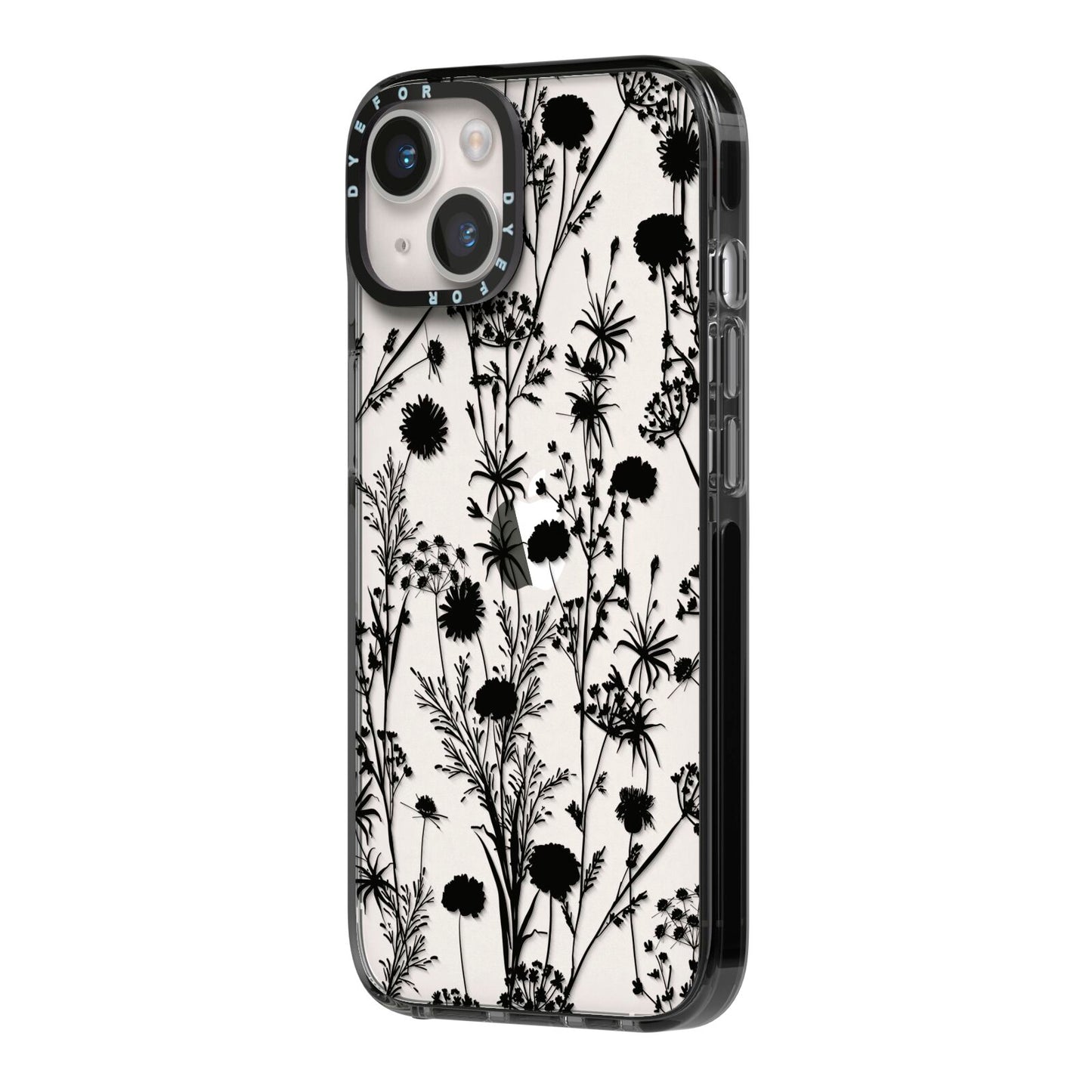 Black Floral Meadow iPhone 14 Black Impact Case Side Angle on Silver phone