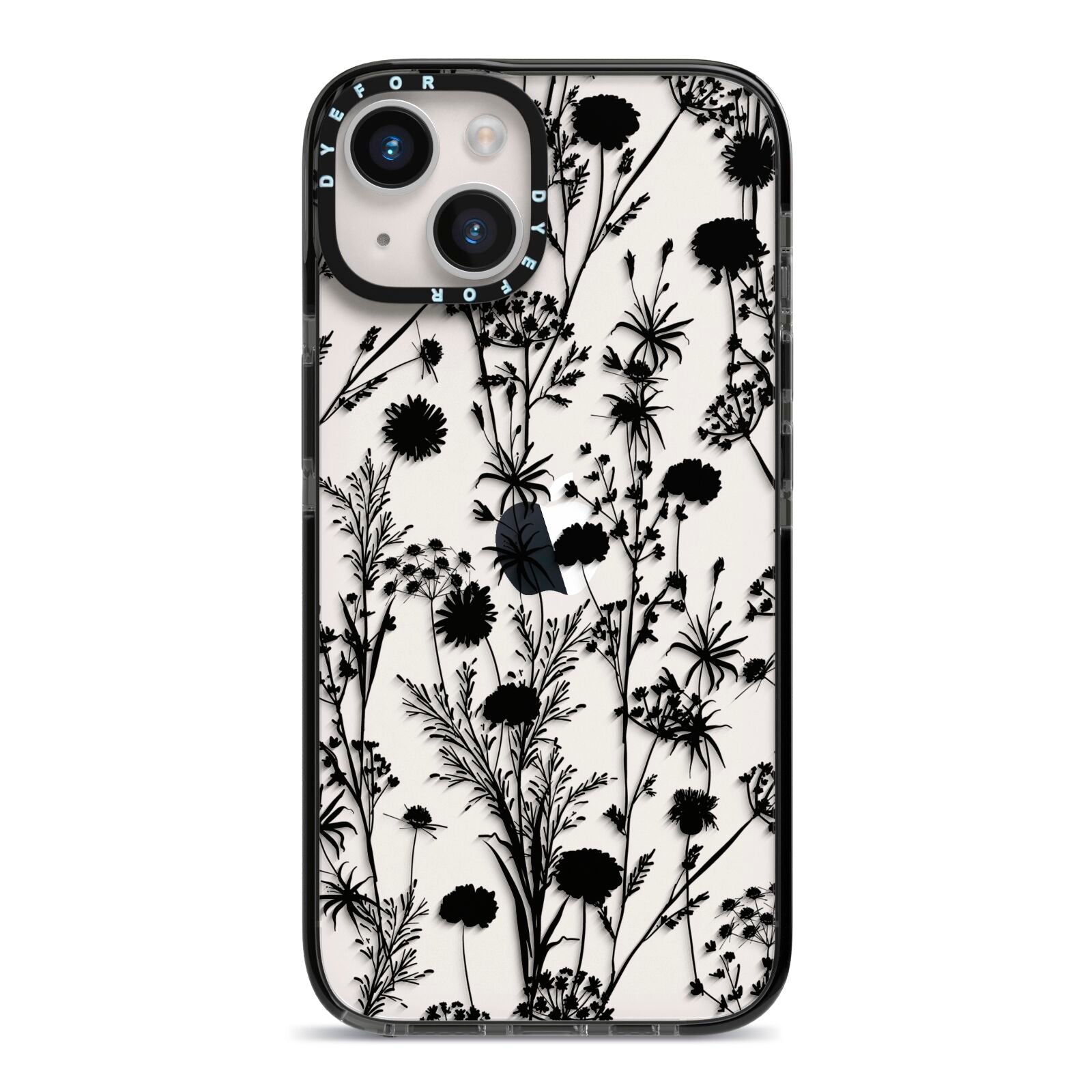 Black Floral Meadow iPhone 14 Black Impact Case on Silver phone