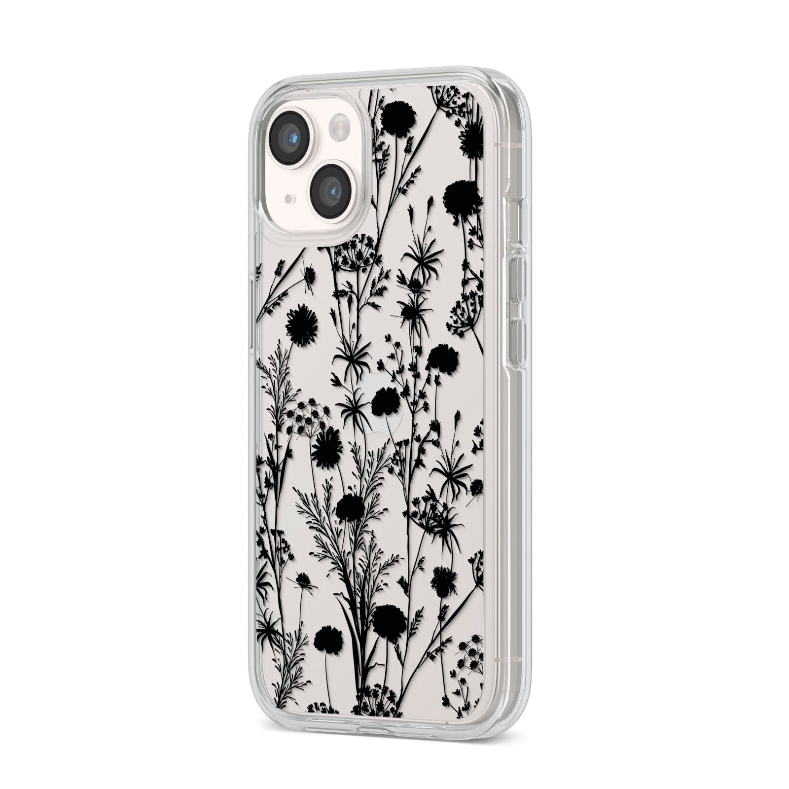 Black Floral Meadow iPhone 14 Clear Tough Case Starlight Angled Image