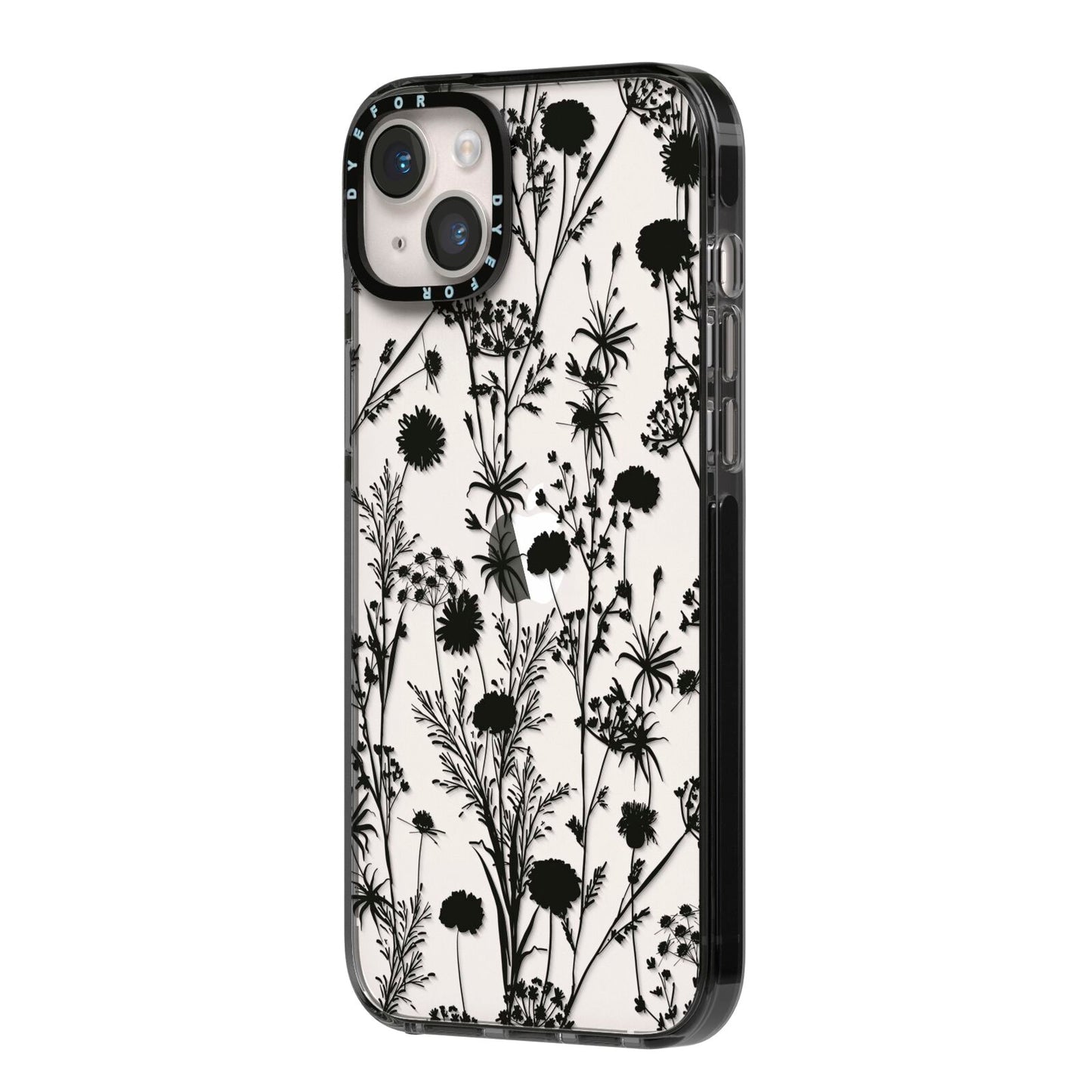 Black Floral Meadow iPhone 14 Plus Black Impact Case Side Angle on Silver phone