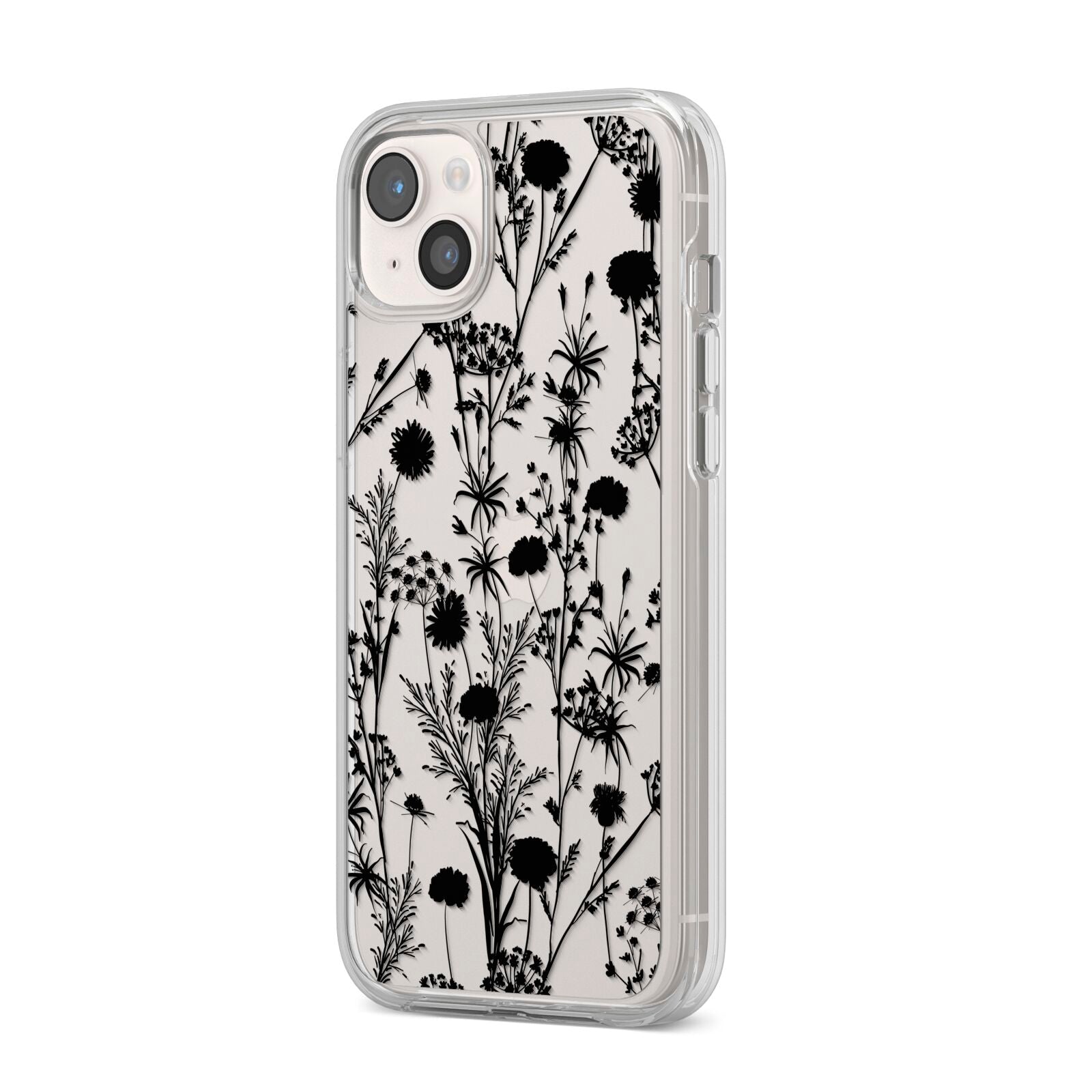 Black Floral Meadow iPhone 14 Plus Clear Tough Case Starlight Angled Image