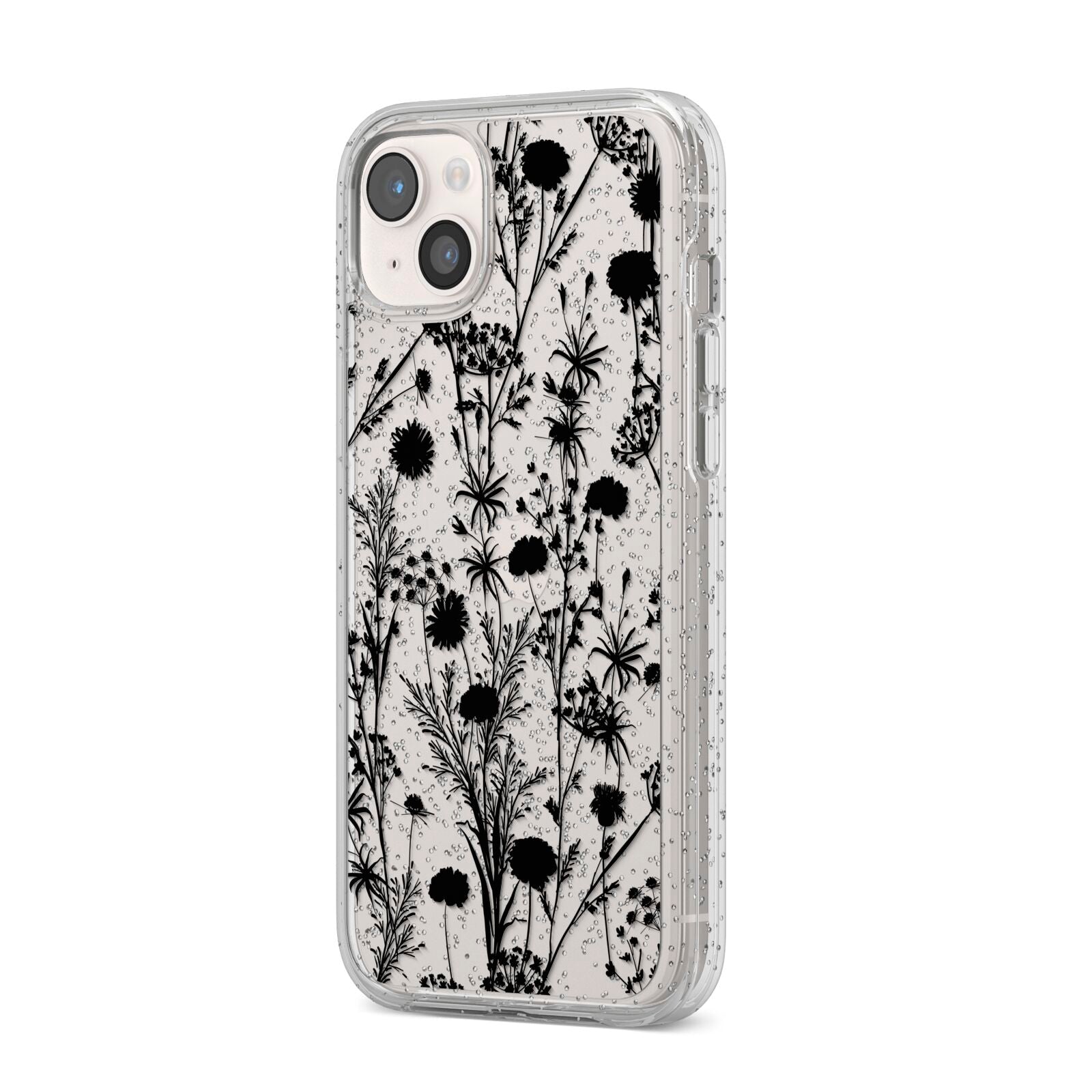 Black Floral Meadow iPhone 14 Plus Glitter Tough Case Starlight Angled Image