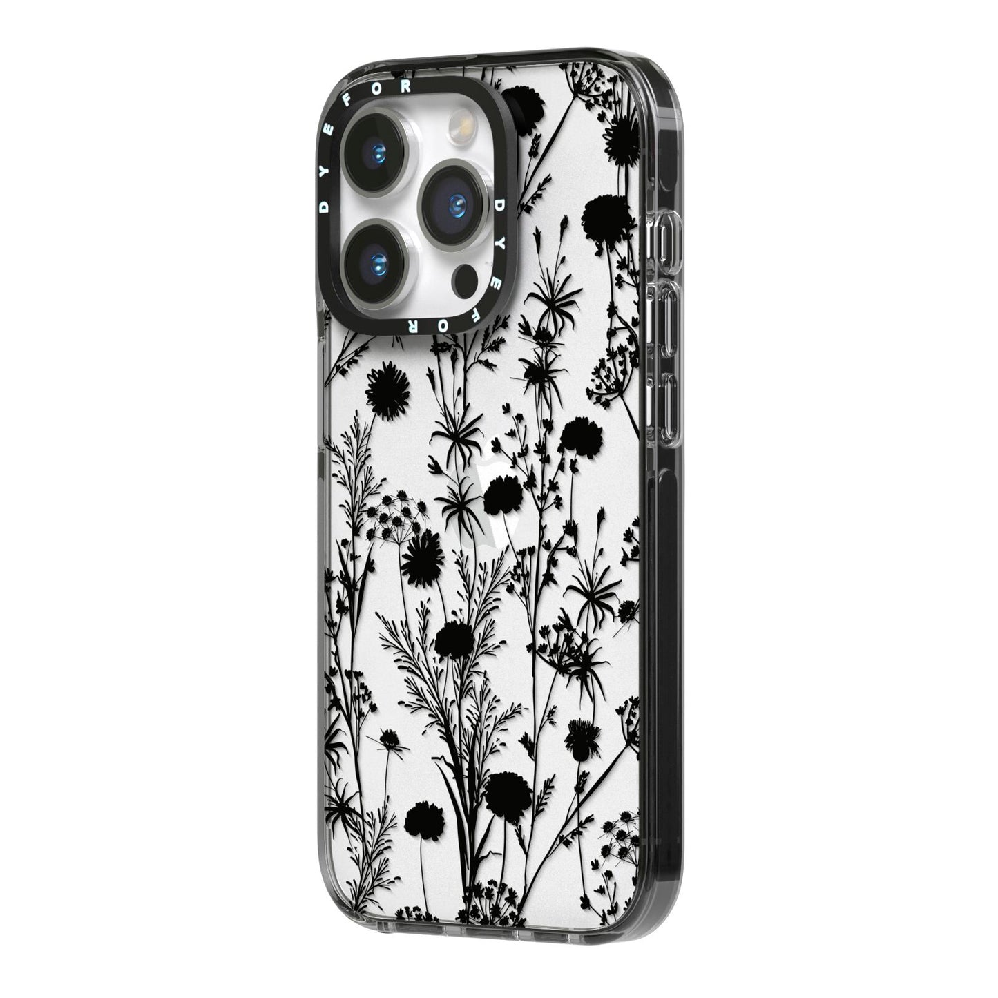 Black Floral Meadow iPhone 14 Pro Black Impact Case Side Angle on Silver phone