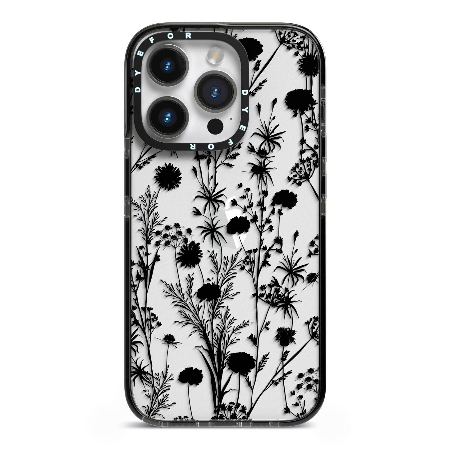 Black Floral Meadow iPhone 14 Pro Black Impact Case on Silver phone