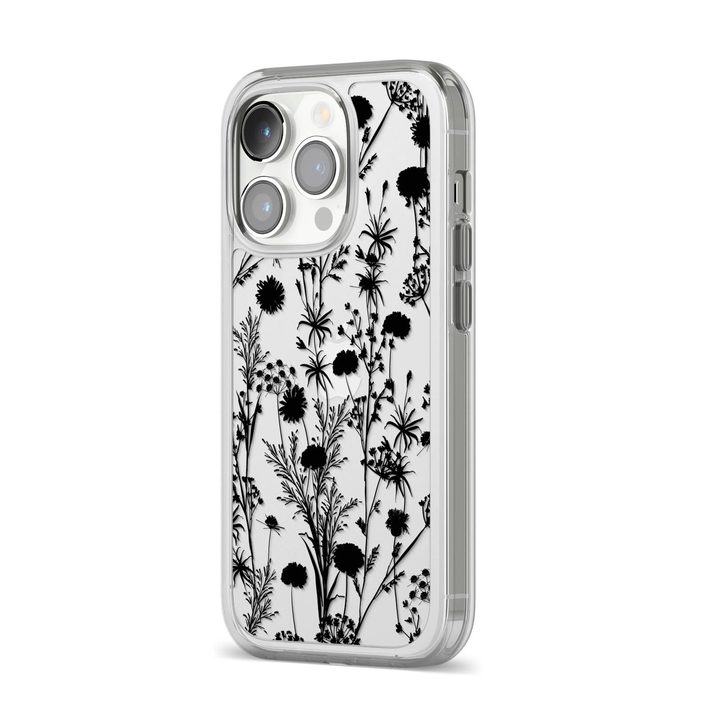Black Floral Meadow iPhone 14 Pro Clear Tough Case Silver Angled Image