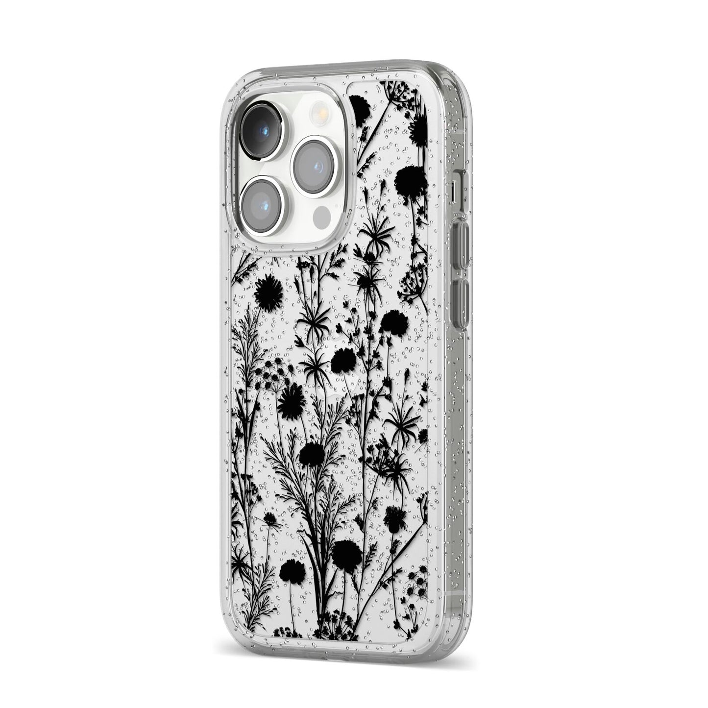 Black Floral Meadow iPhone 14 Pro Glitter Tough Case Silver Angled Image