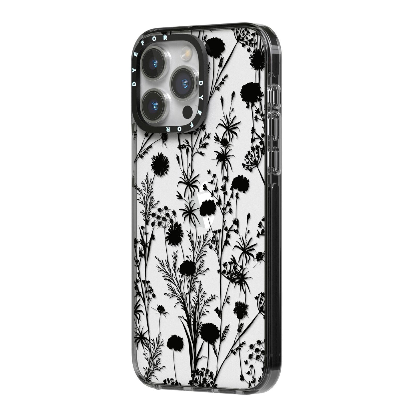 Black Floral Meadow iPhone 14 Pro Max Black Impact Case Side Angle on Silver phone