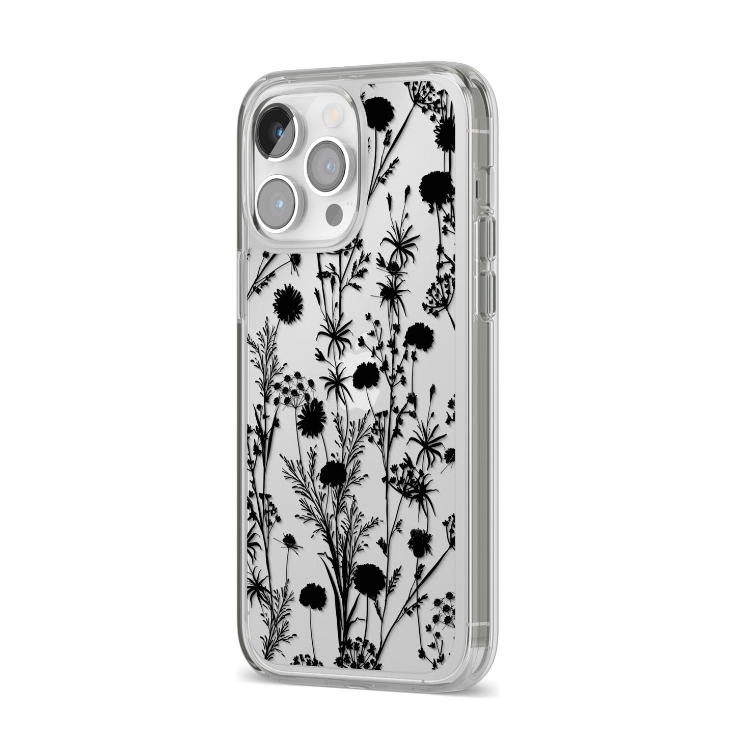Black Floral Meadow iPhone 14 Pro Max Clear Tough Case Silver Angled Image