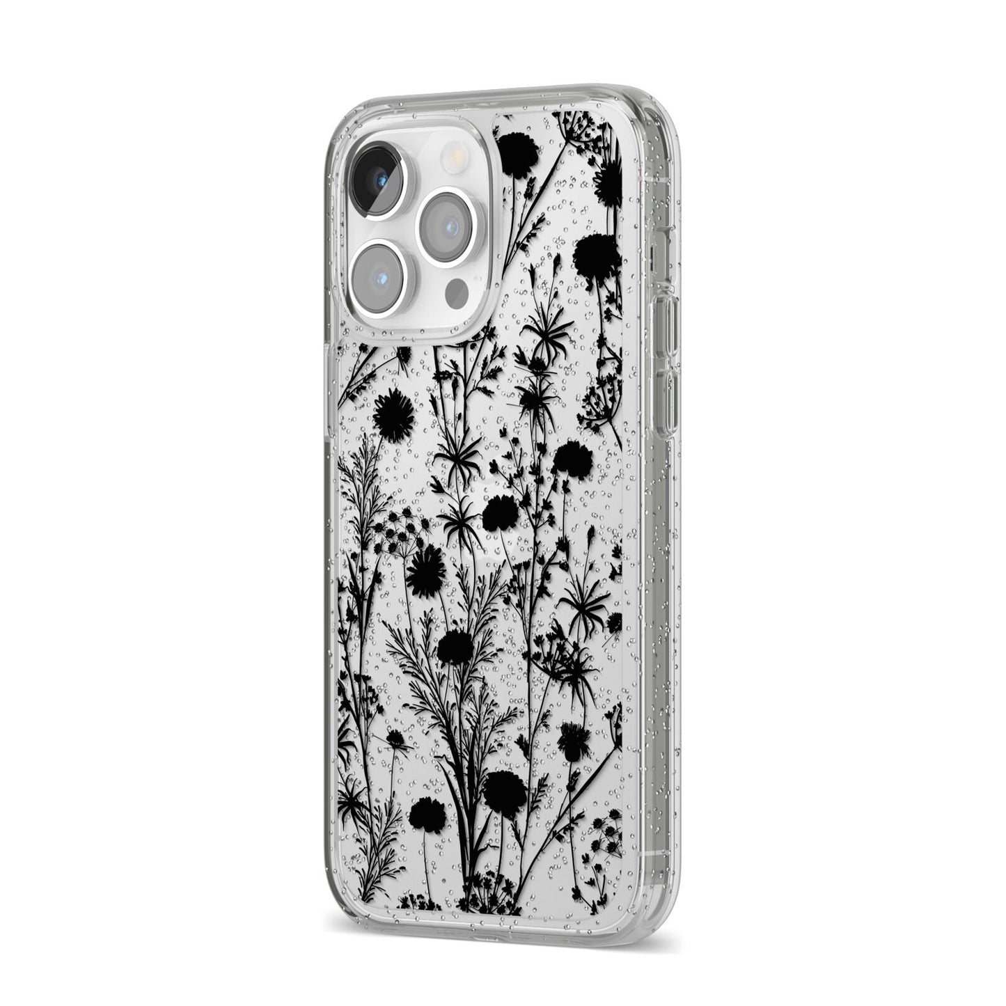 Black Floral Meadow iPhone 14 Pro Max Glitter Tough Case Silver Angled Image