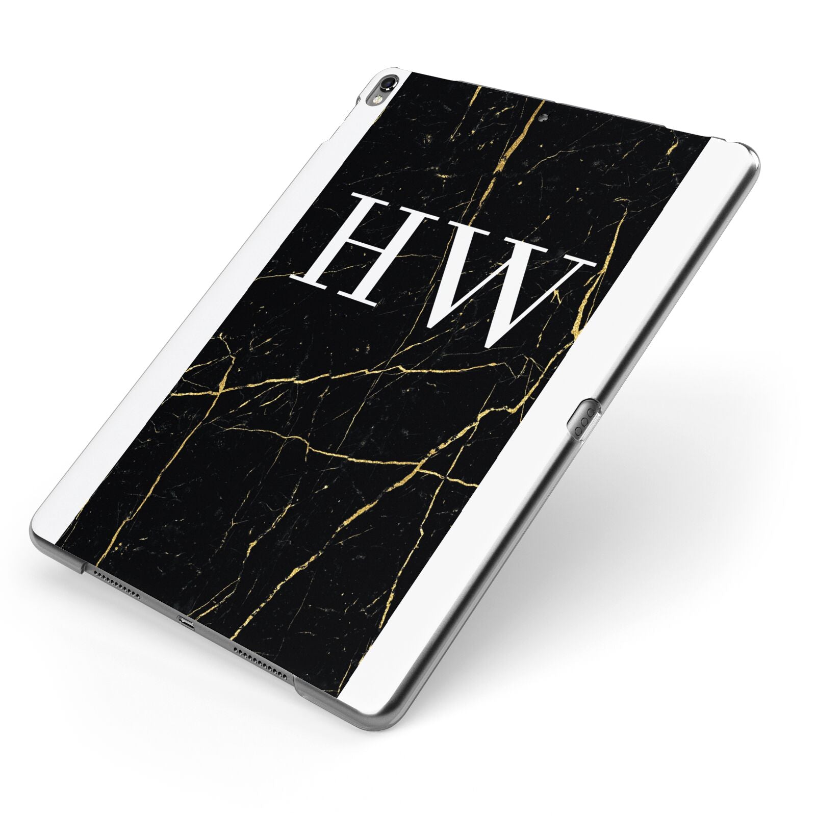 Black Gold Marble Effect Initials Personalised Apple iPad Case on Grey iPad Side View