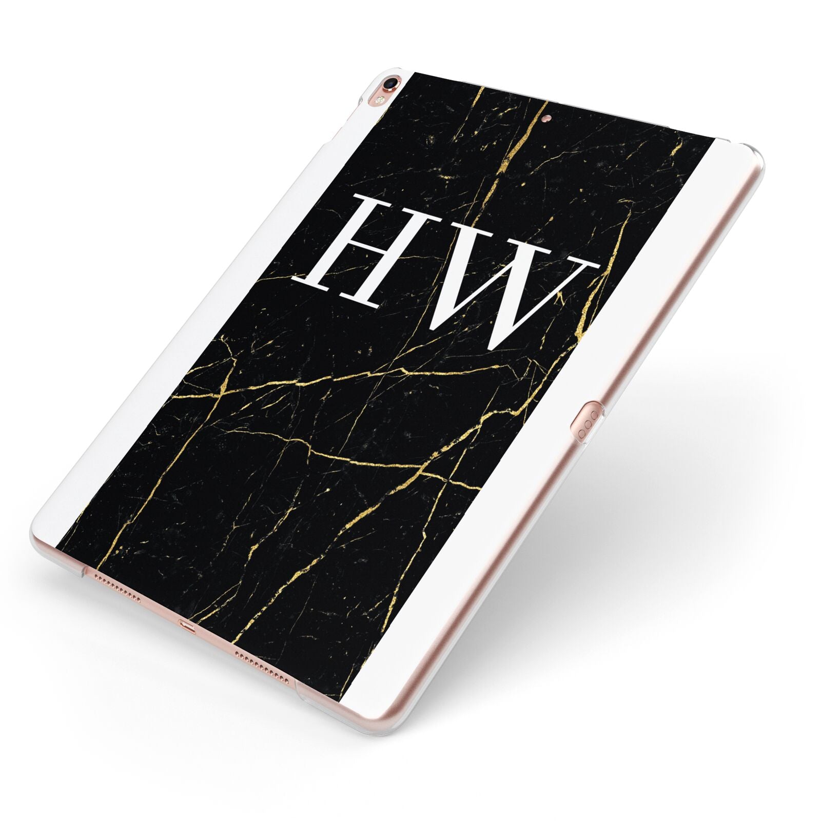 Black Gold Marble Effect Initials Personalised Apple iPad Case on Rose Gold iPad Side View