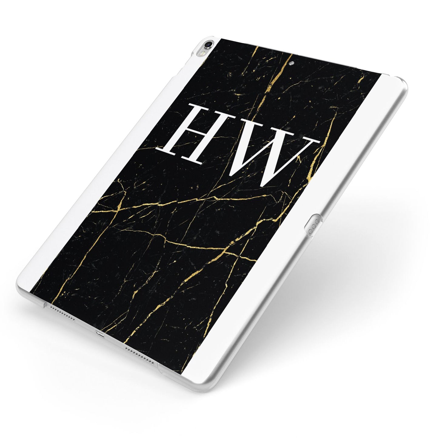 Black Gold Marble Effect Initials Personalised Apple iPad Case on Silver iPad Side View