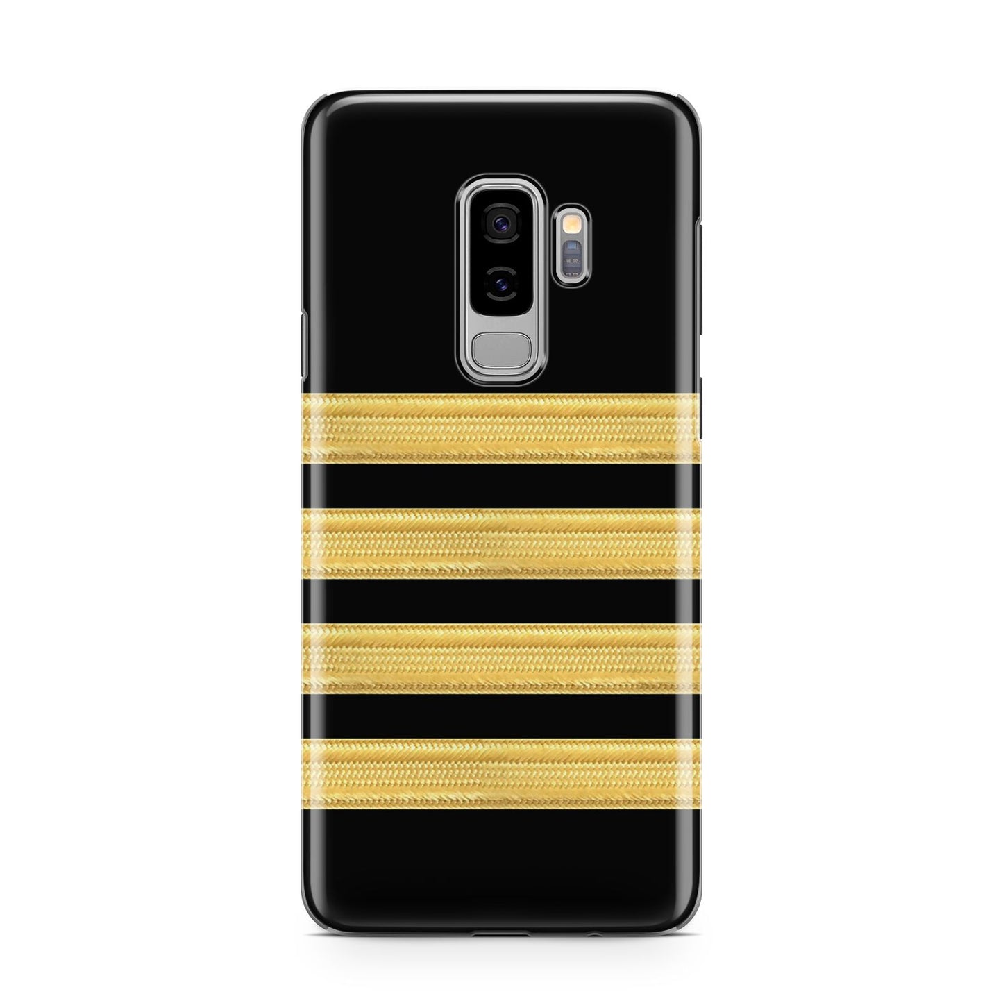 Black Gold Pilot Stripes Samsung Galaxy S9 Plus Case on Silver phone