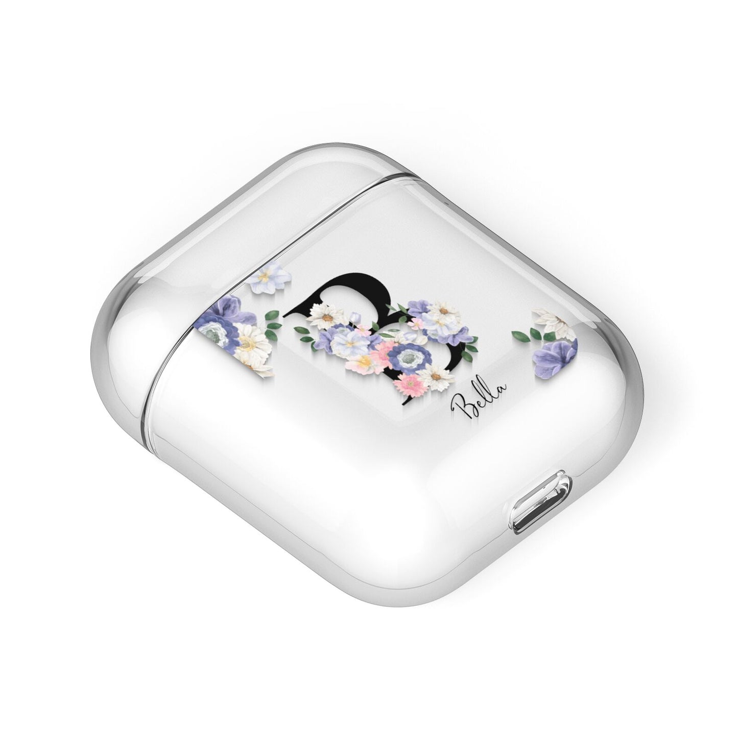 Black Initial Floral AirPods Case Laid Flat