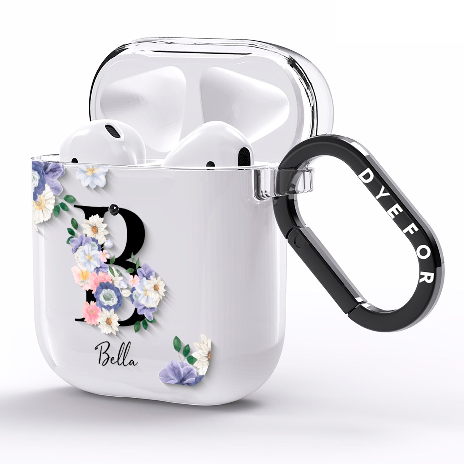 Black Initial Floral AirPods Clear Case Side Image