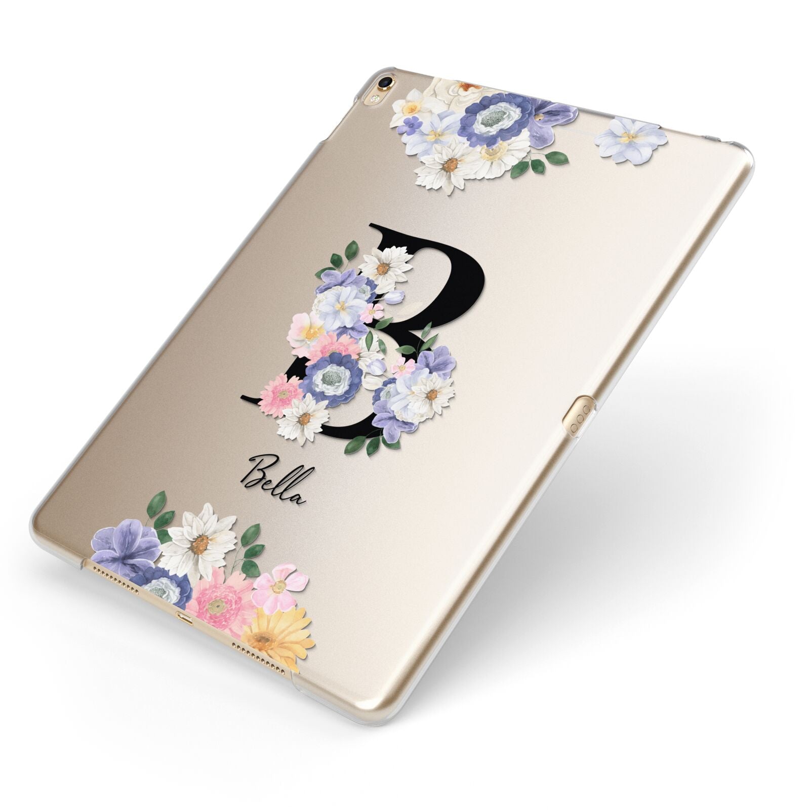 Black Initial Floral Apple iPad Case on Gold iPad Side View