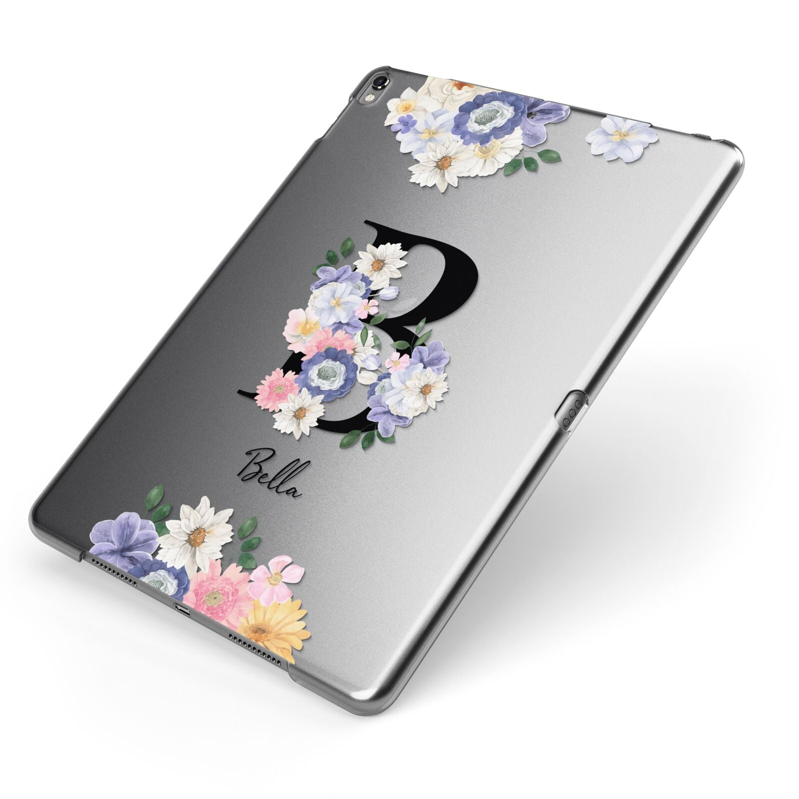 Black Initial Floral Apple iPad Case on Grey iPad Side View