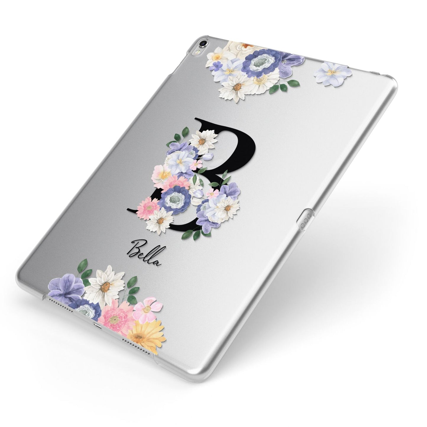 Black Initial Floral Apple iPad Case on Silver iPad Side View