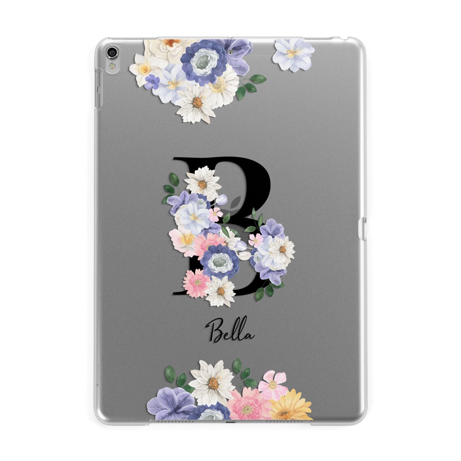 Black Initial Floral Apple iPad Silver Case