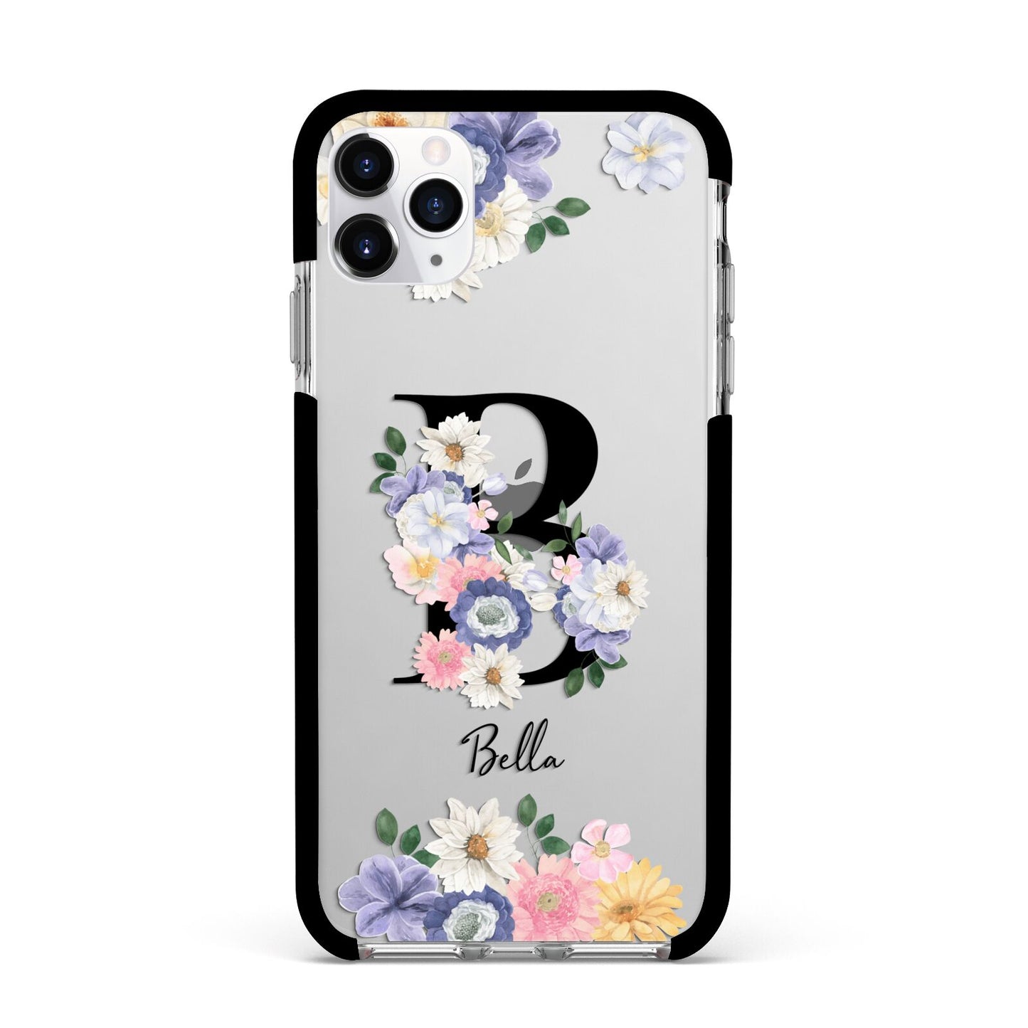 Black Initial Floral Apple iPhone 11 Pro Max in Silver with Black Impact Case