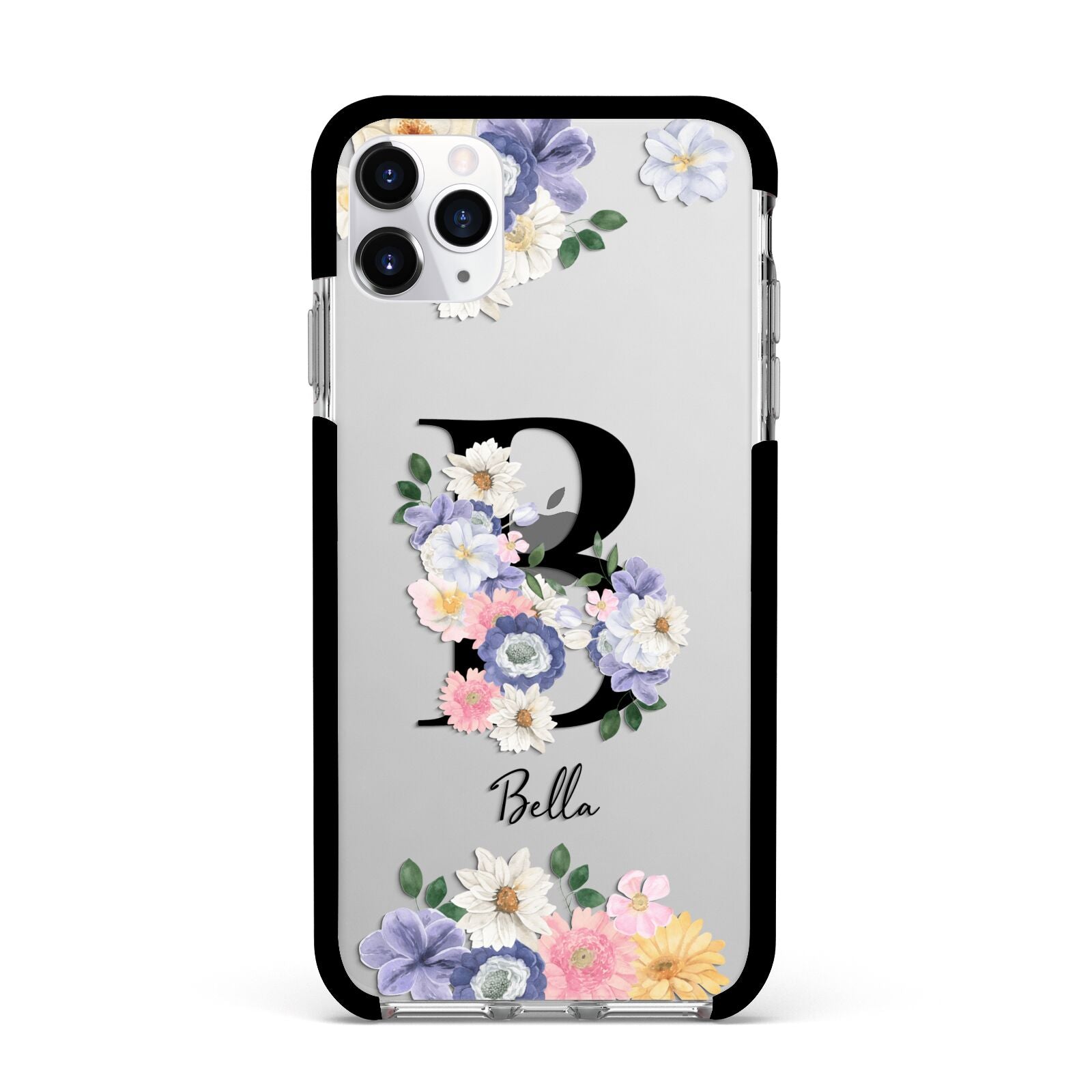 Black Initial Floral Apple iPhone 11 Pro Max in Silver with Black Impact Case