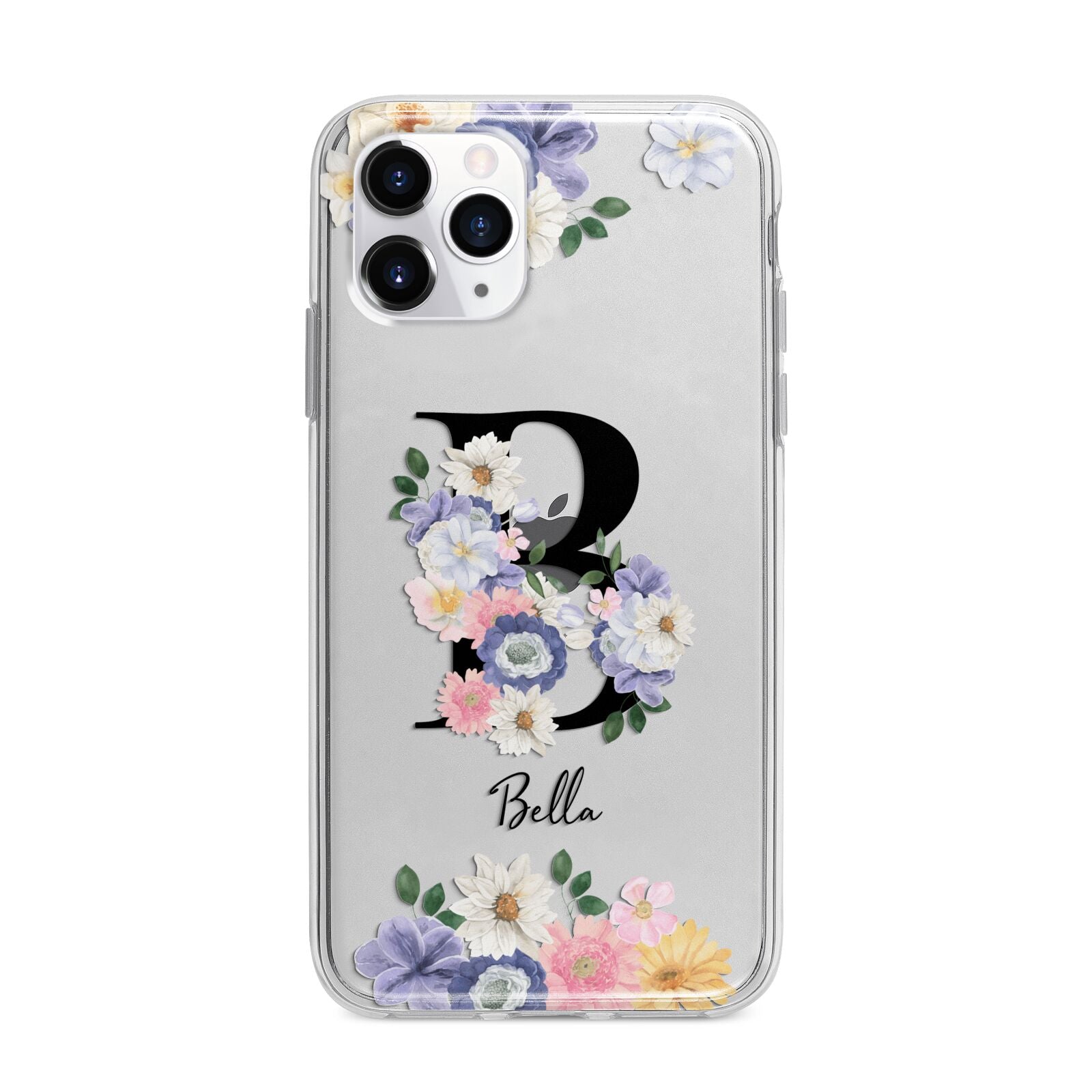 Black Initial Floral Apple iPhone 11 Pro Max in Silver with Bumper Case