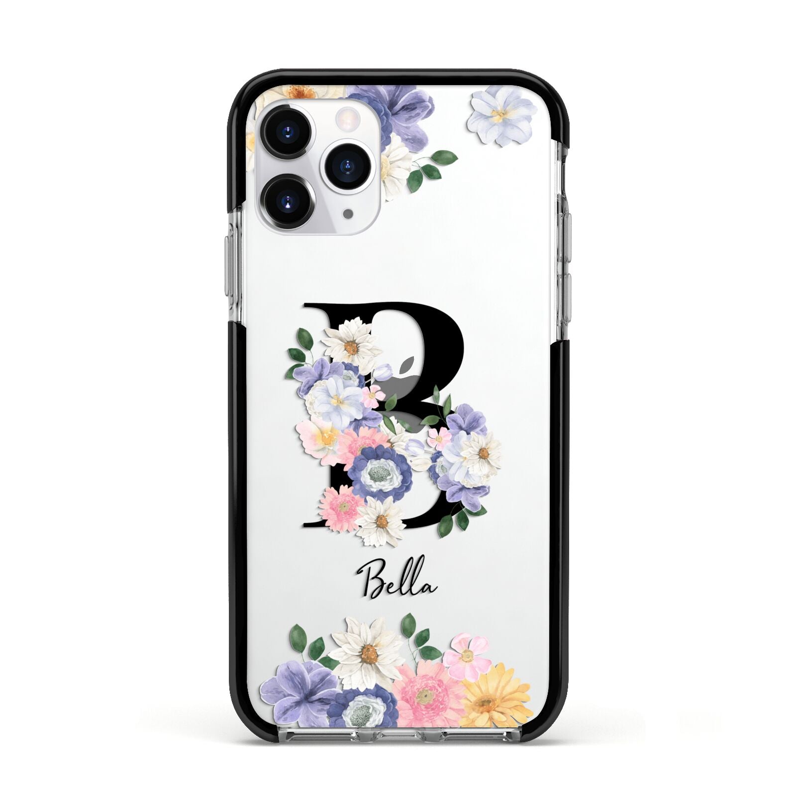 Black Initial Floral Apple iPhone 11 Pro in Silver with Black Impact Case