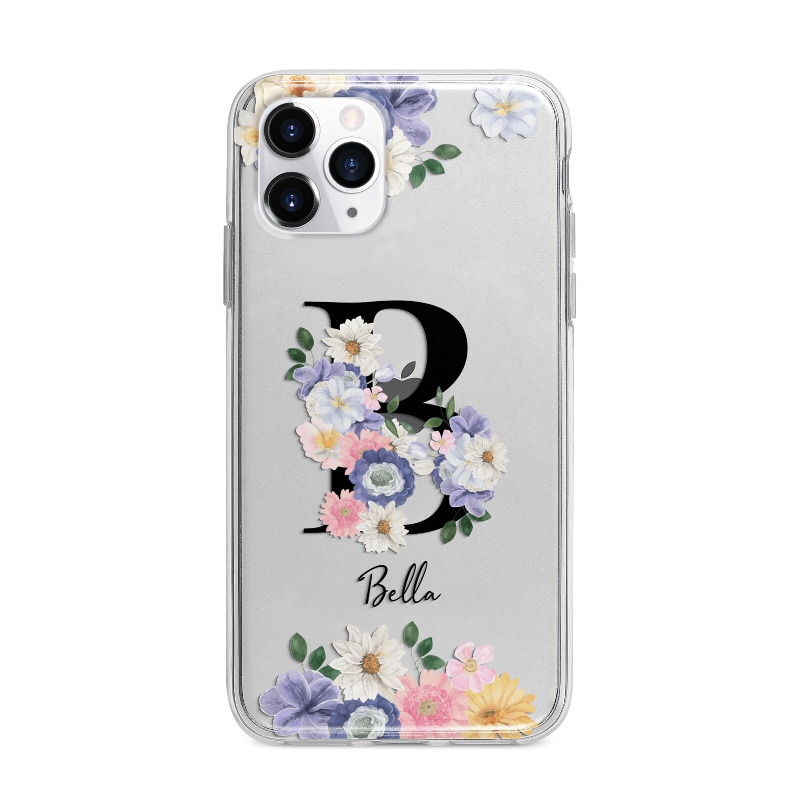 Black Initial Floral Apple iPhone 11 Pro in Silver with Bumper Case